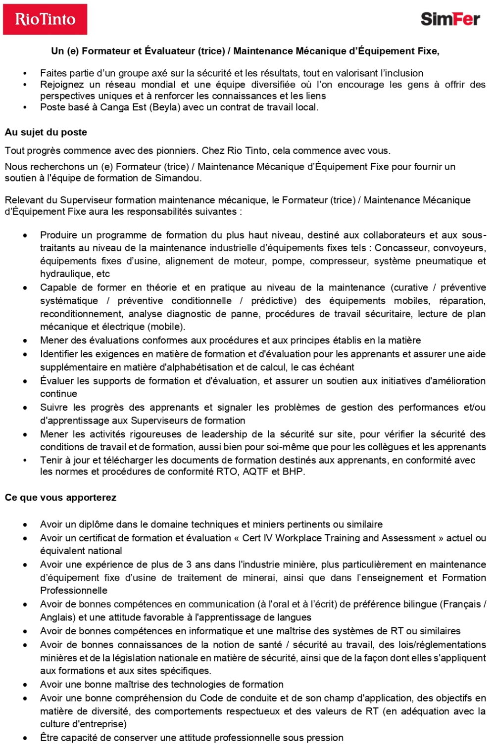 Un (e) Formateur et Évaluateur (trice) / Maintenance Mécanique d’Équipement Fixe | Page 1