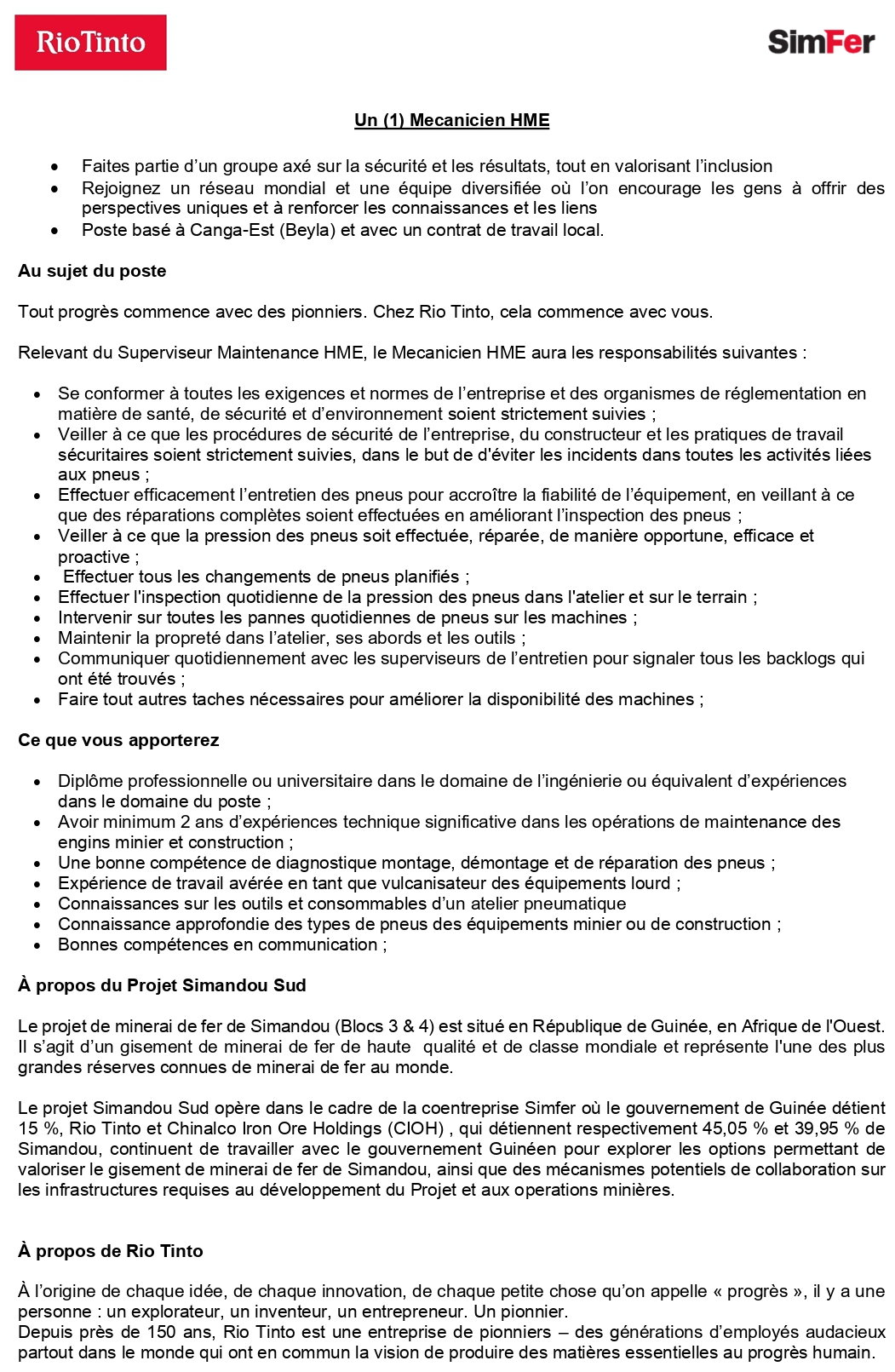 Un (1) Mecanicien HME | page 1