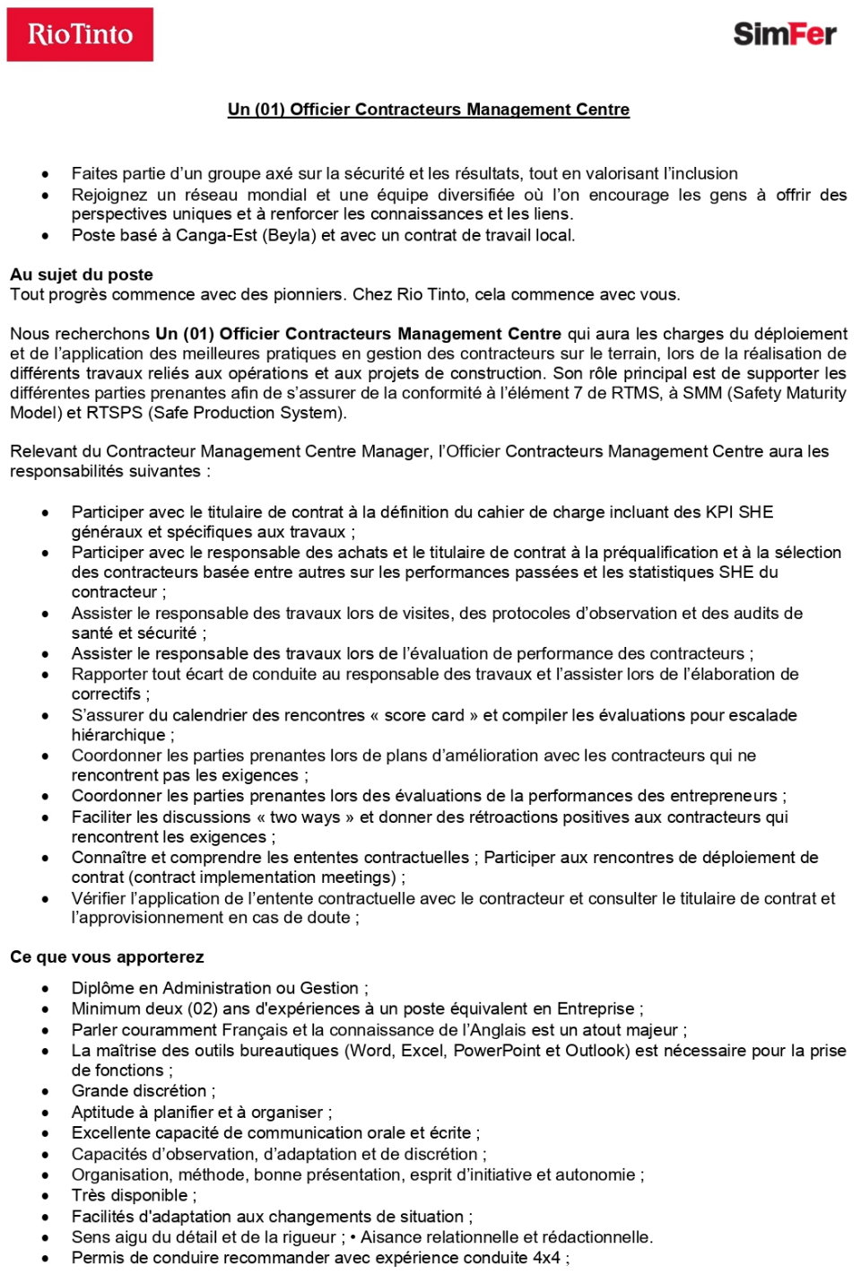 Avis de recrutement d'Un (01) Officier Contracteurs Management Centre | Page 1