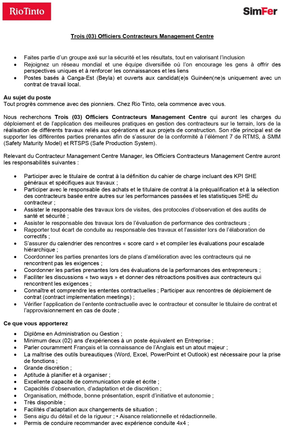 Trois (03) Officiers Contracteurs Management Centre | Page 1