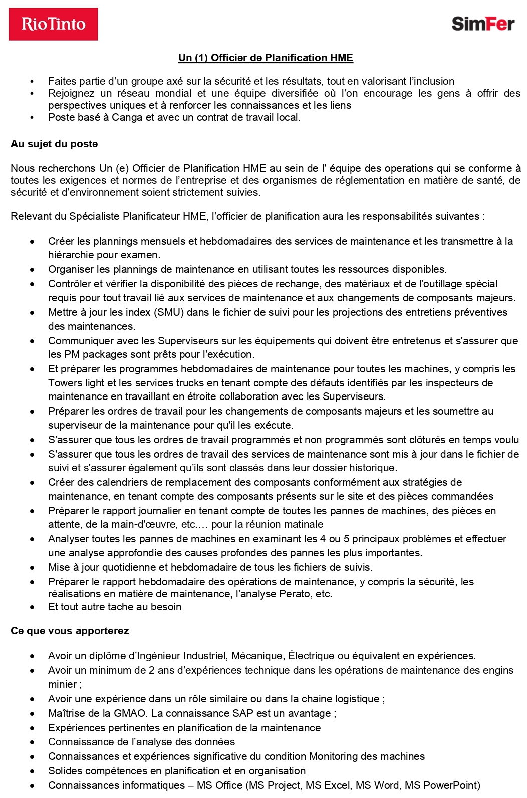 Un (1) Officier de Planification HME | page 1