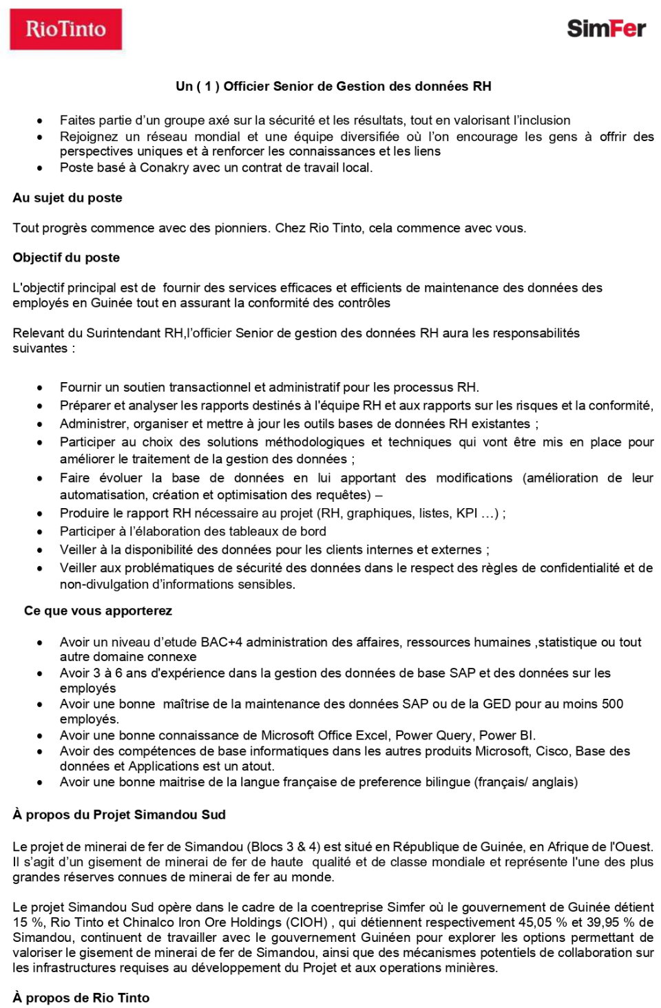 Un ( 1 ) Officier Senior de Gestion des données RH | page 1