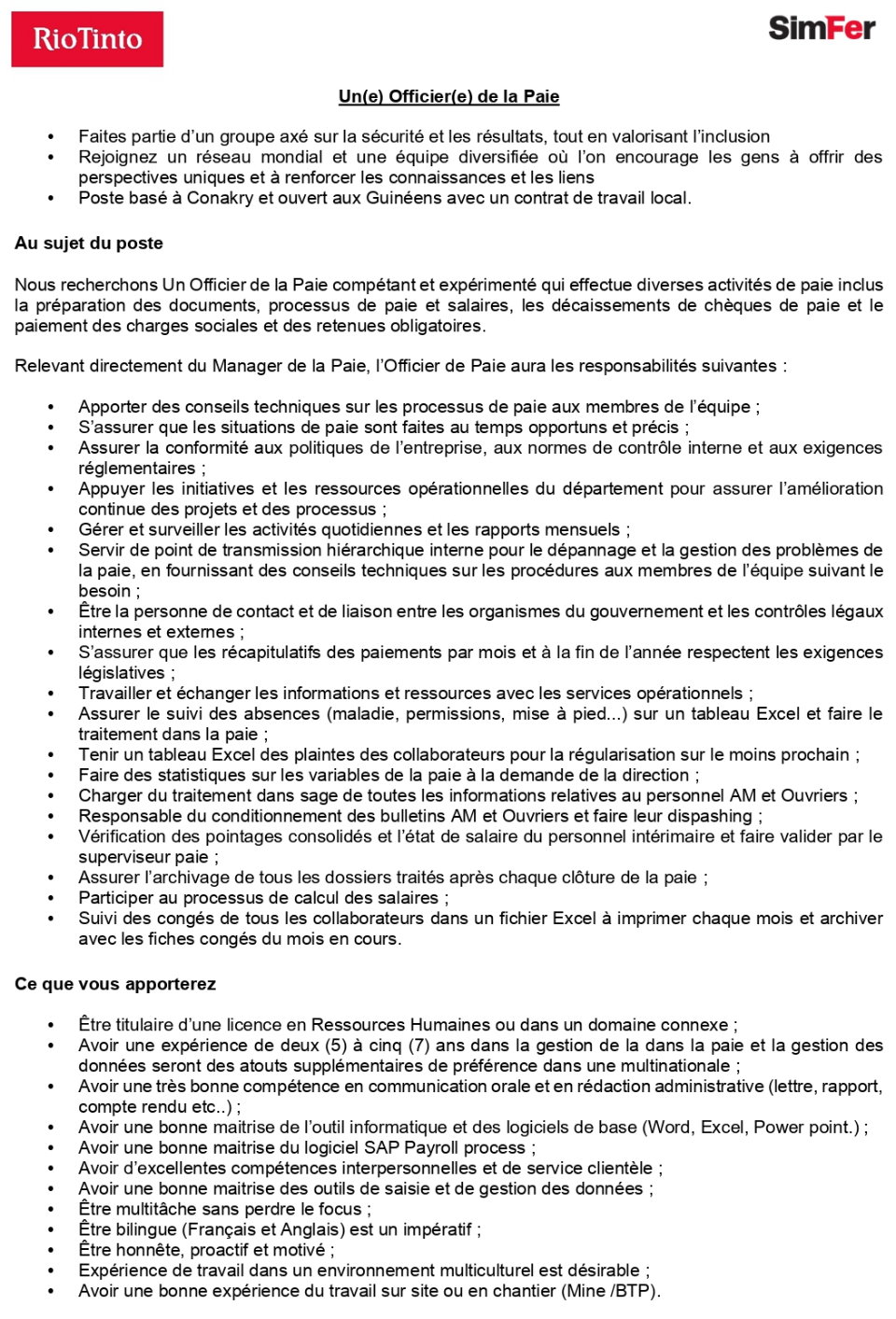 Recrutement D'Un(e) Officier(e) de la Paie | Page 1