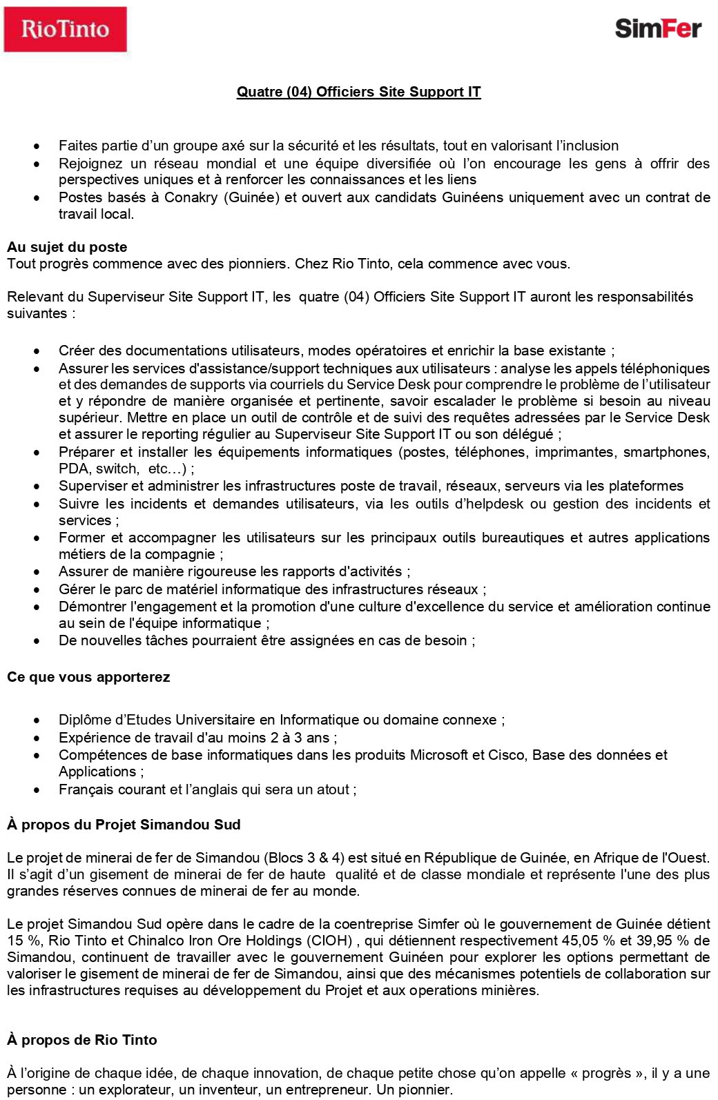 Quatre (04) Officiers Site Support IT | p 1