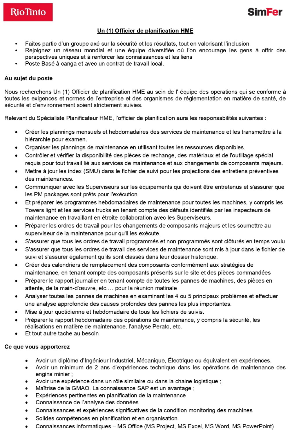 Un (1) Officier de planification HME | Page 1