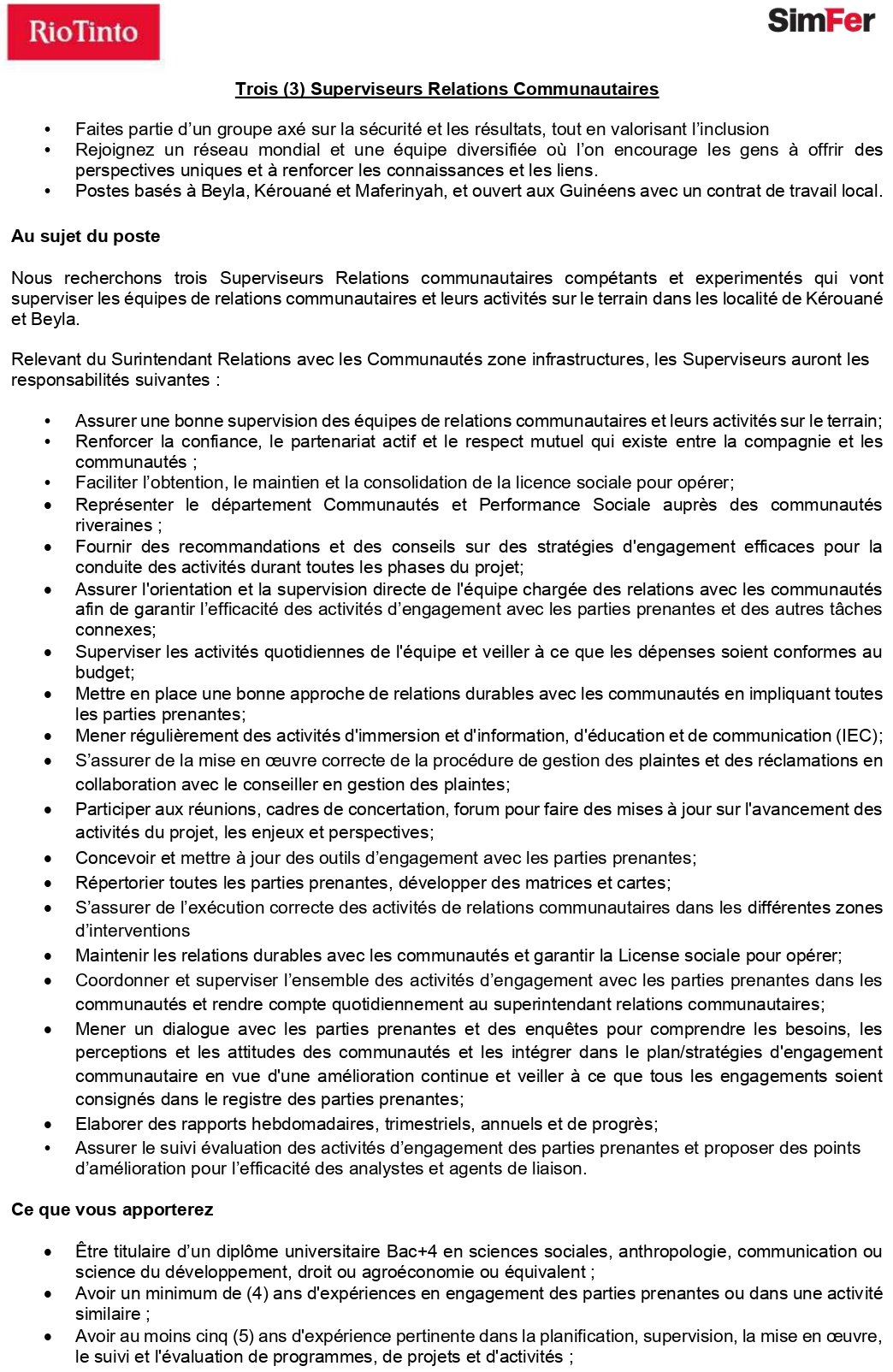 Trois (3) Superviseurs Relations Communautaires | p 1