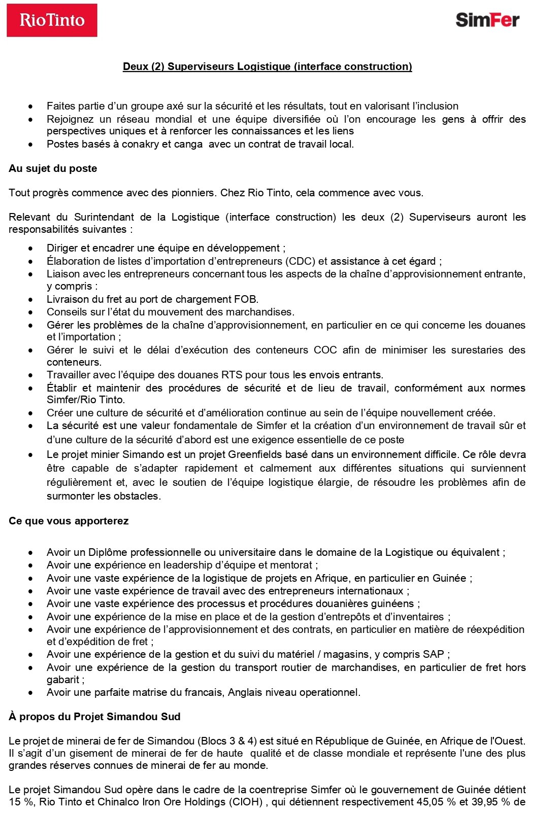 Deux (2) Superviseurs Logistique (interface construction) | page 1