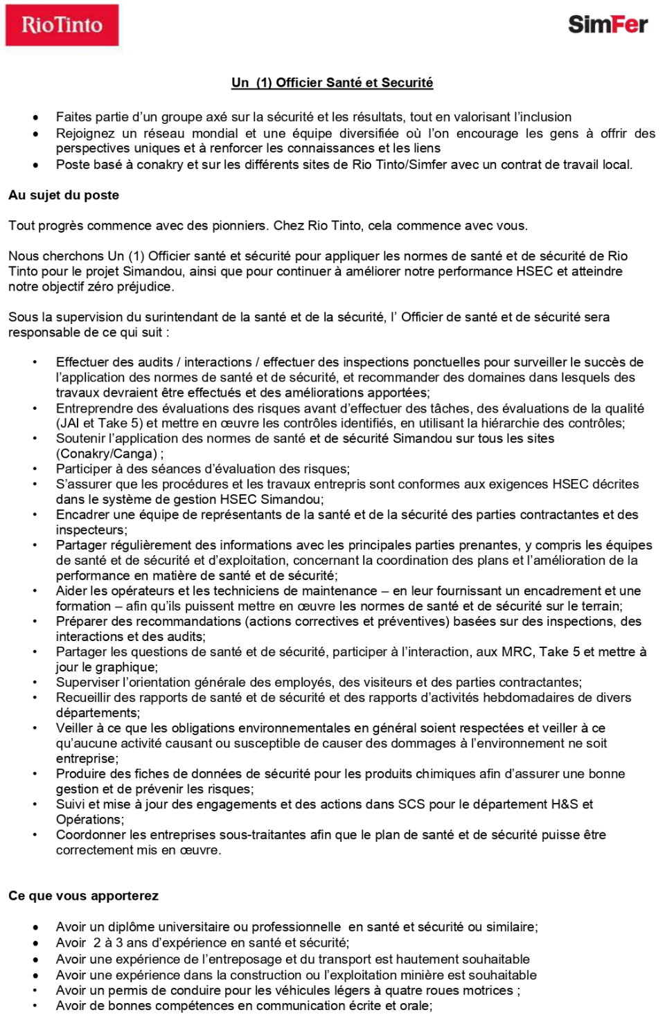 Avis de recrutement d'un (1) Officier Santé et Securité | Page 1