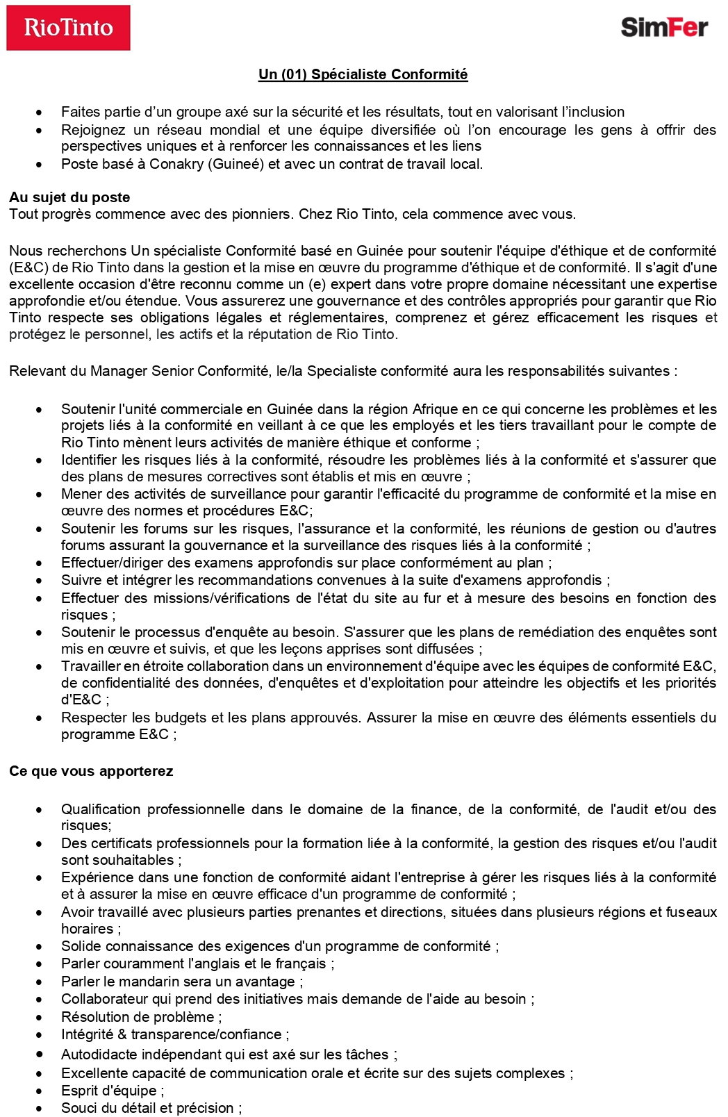 Un (01) Spécialiste Conformité | Page 1