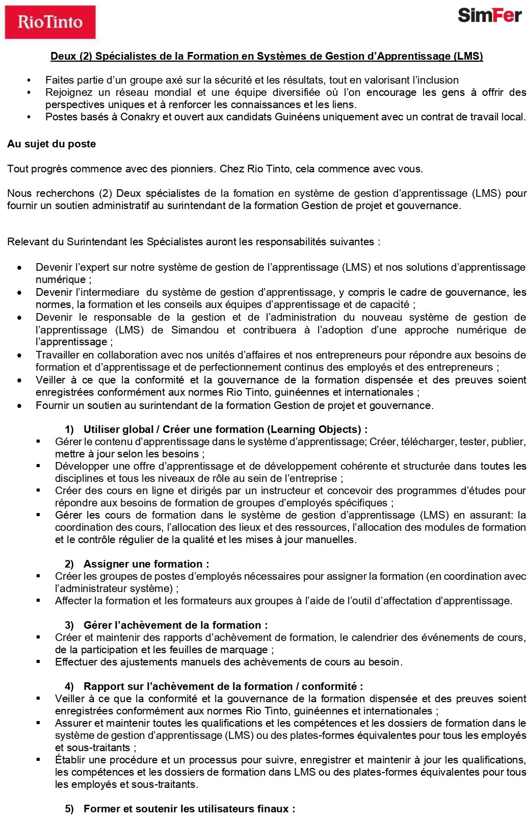 Deux (2) Spécialistes de la Formation en Systèmes de Gestion d’Apprentissage (LMS) | Page 1