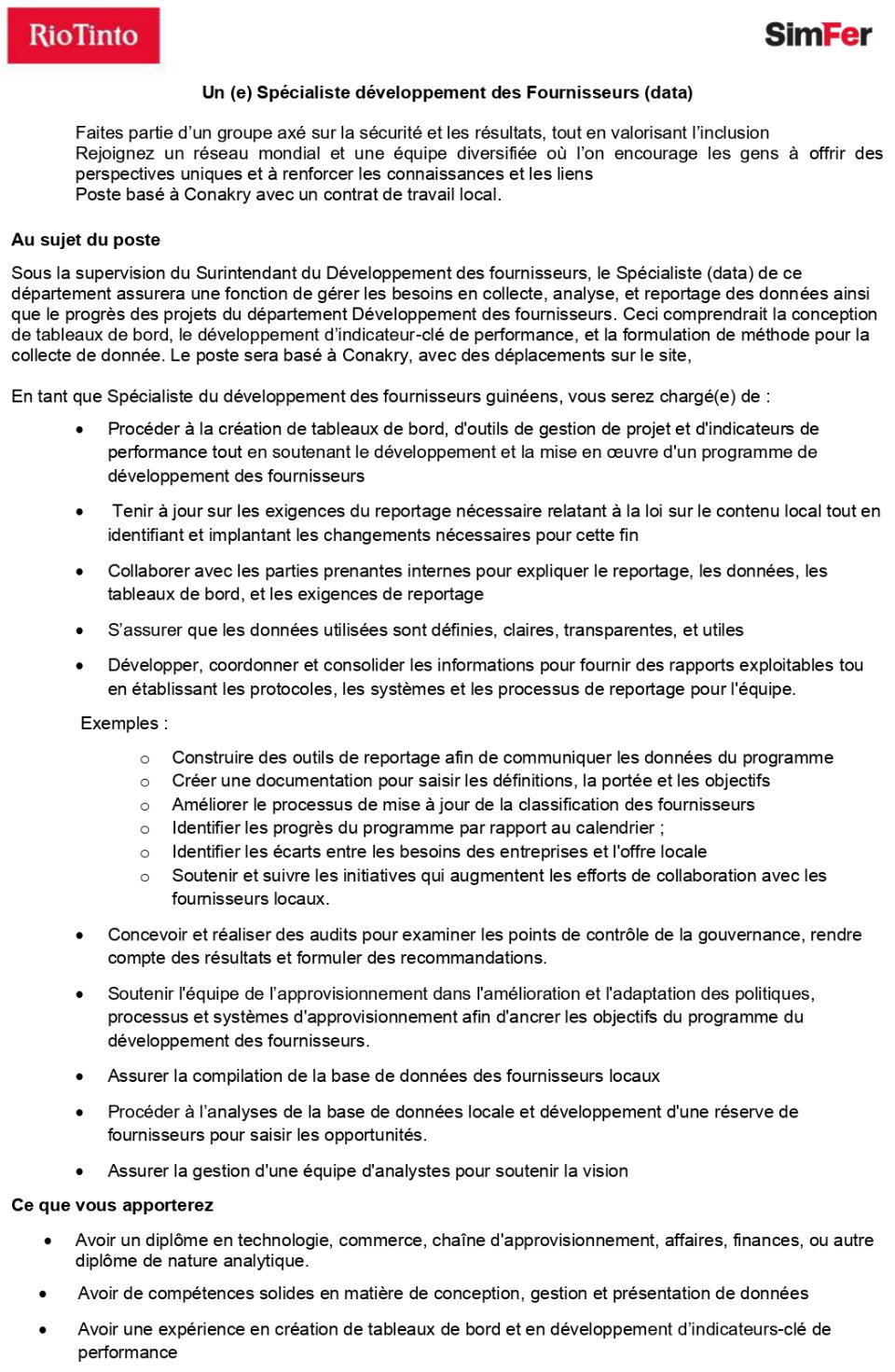 Avis de recrutement d'un (e) Spécialiste développement des Fournisseurs (data) | page 1