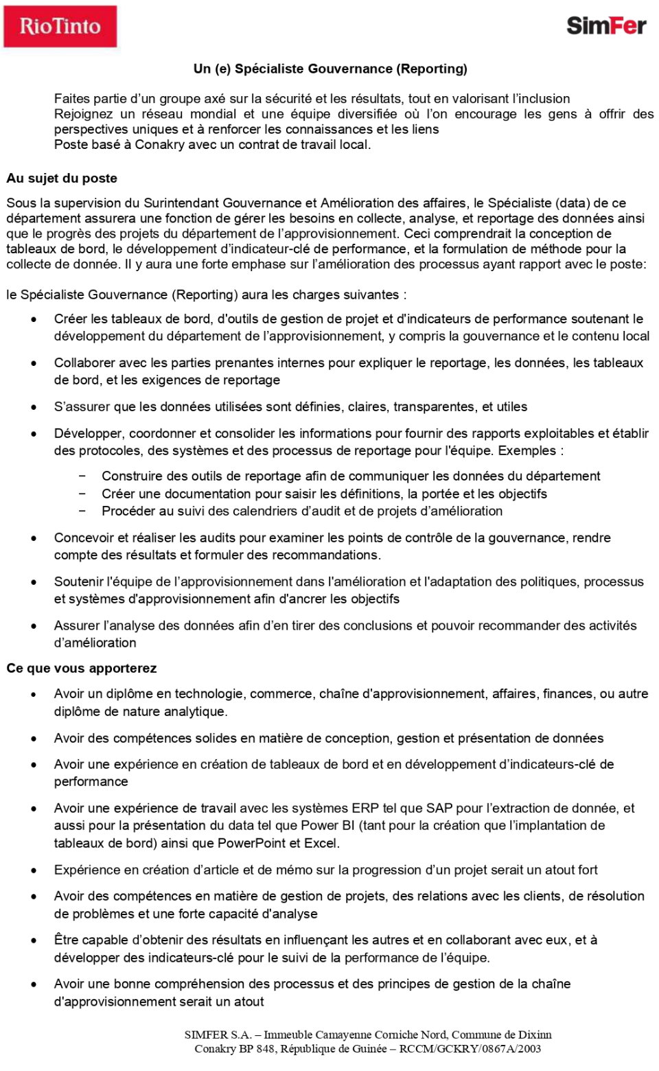 Un (e) Spécialiste Gouvernance (Reporting) | Page 1