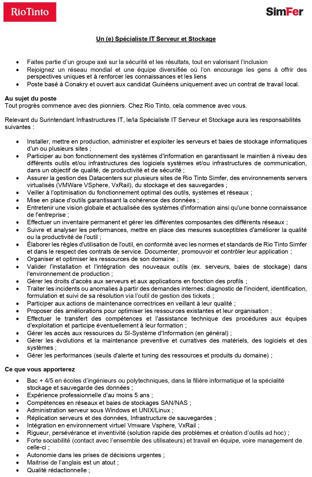 Un (e) Spécialiste IT Serveur et Stockage | Page 1