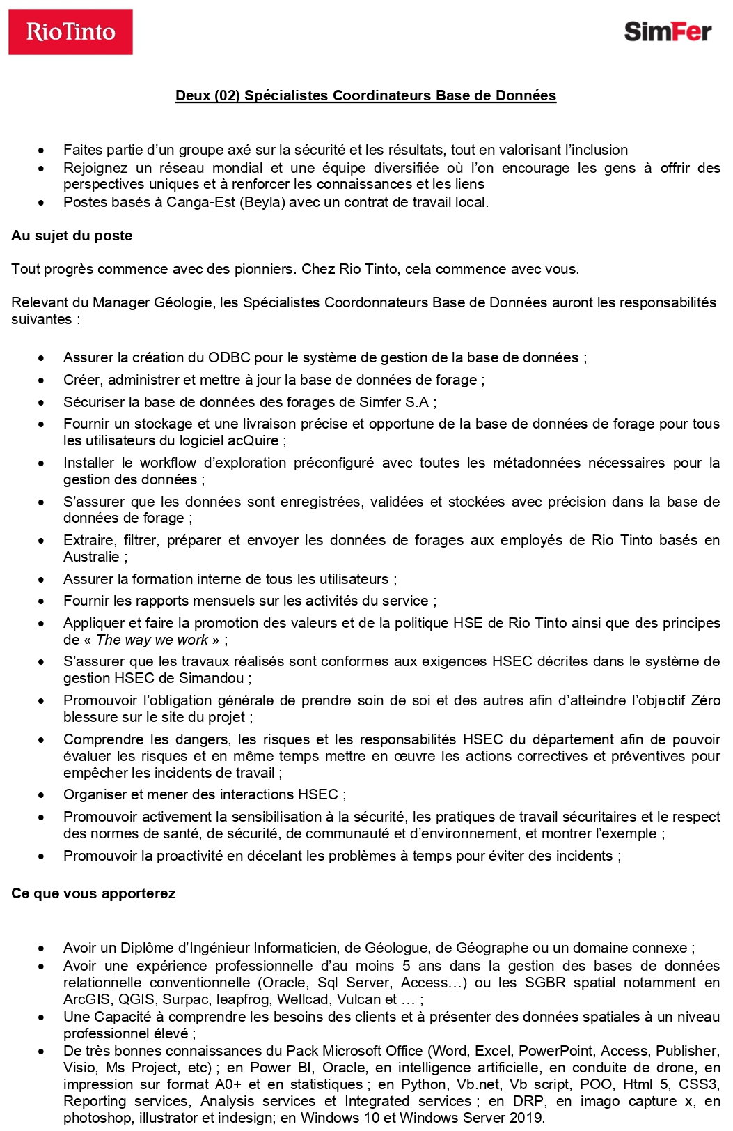 Deux (02) Spécialistes Coordinateurs Base de Données | page 1
