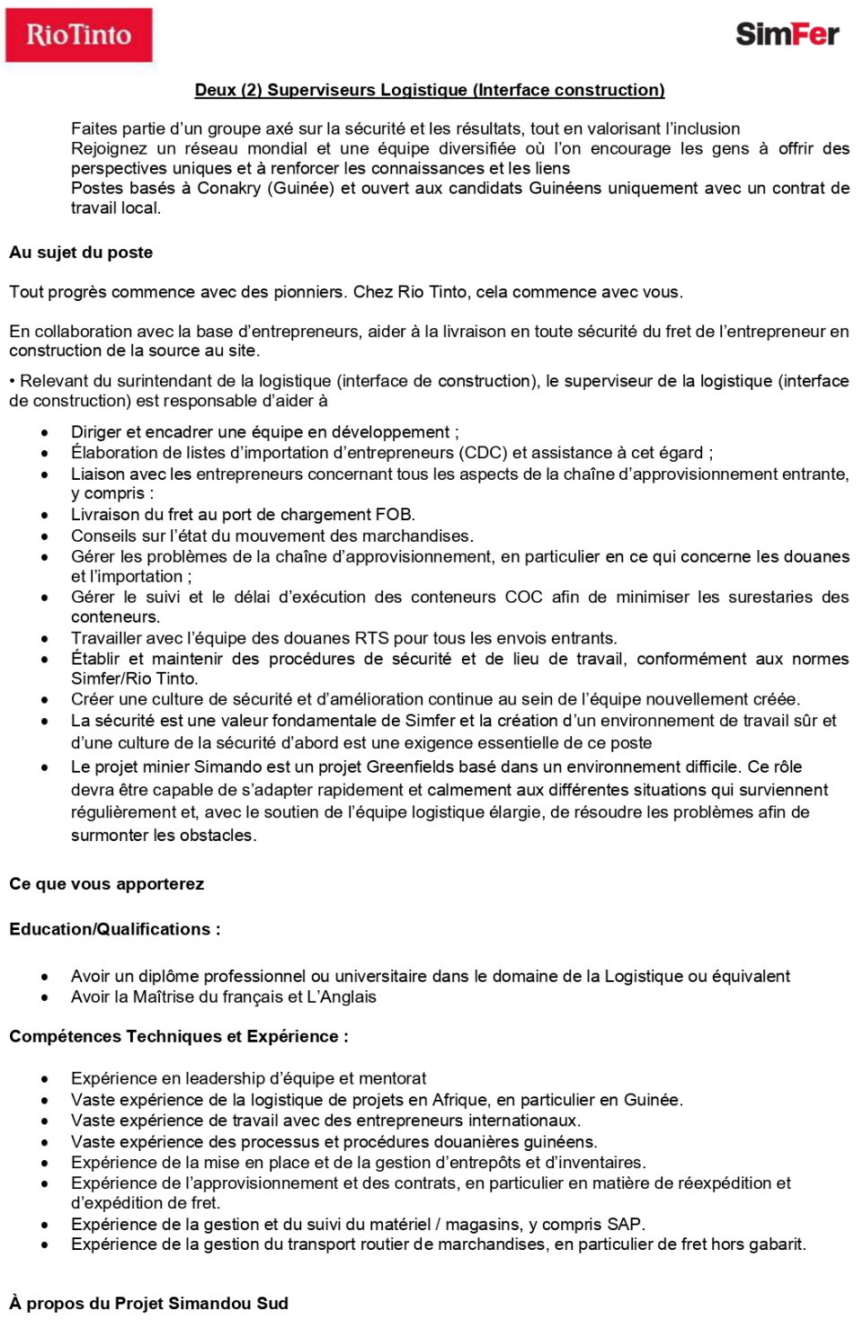 Deux (2) Superviseurs Logistique (Interface construction) | Page 1