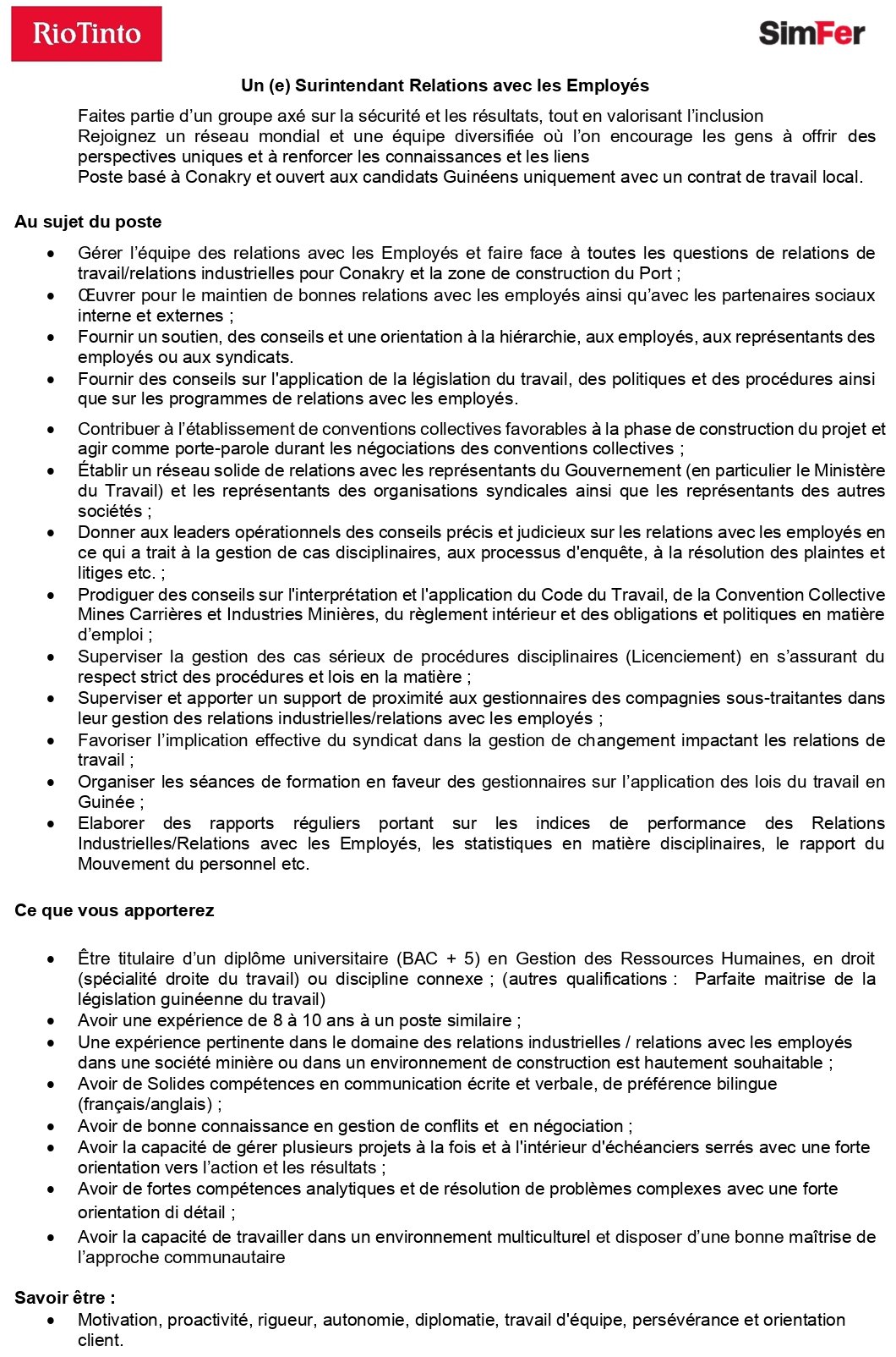 Avis de recrutement d'Un (e) Surintendant Relations avec les Employés 2