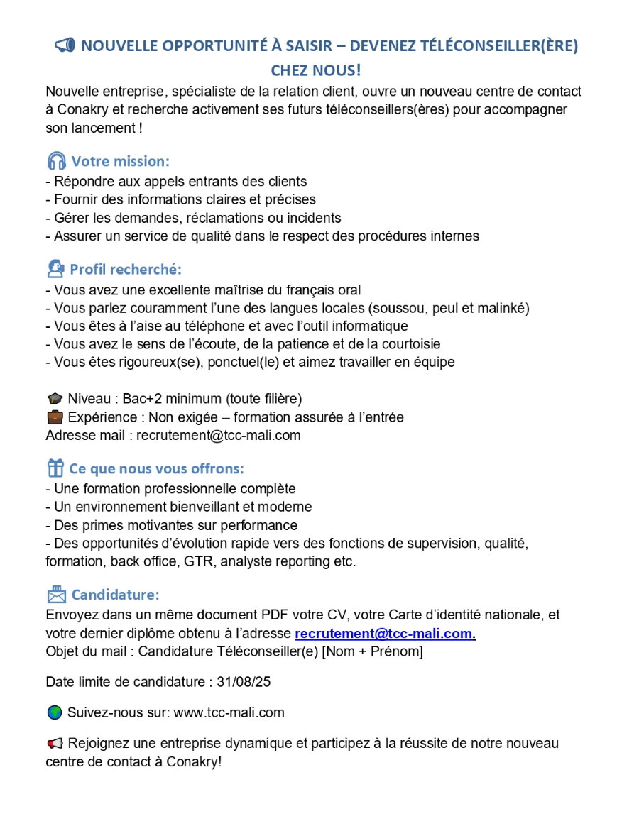 Avis de Recrutement de Plusieurs Téléconseiller(e)s | Page 1