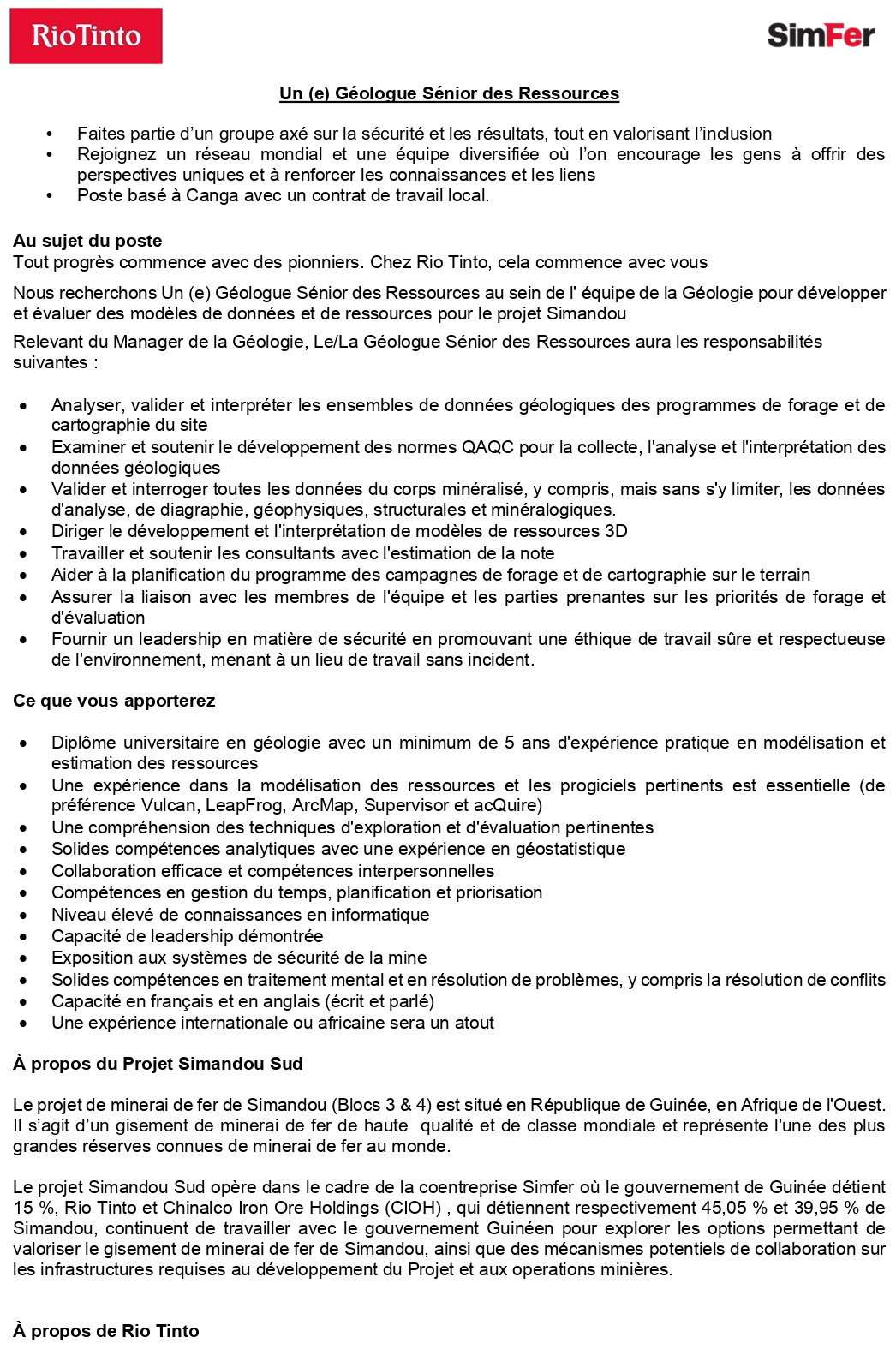Un (e) Géologue Sénior des Ressources | Page 1