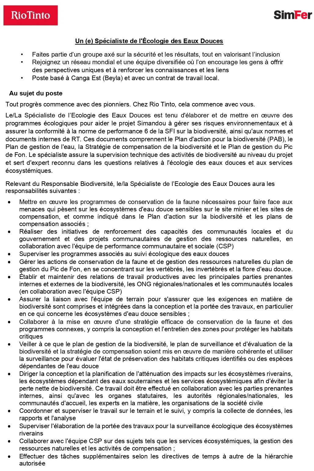 Recrutement D'un(e) Spécialiste de l'Écologie des Eaux Douces | Page 1