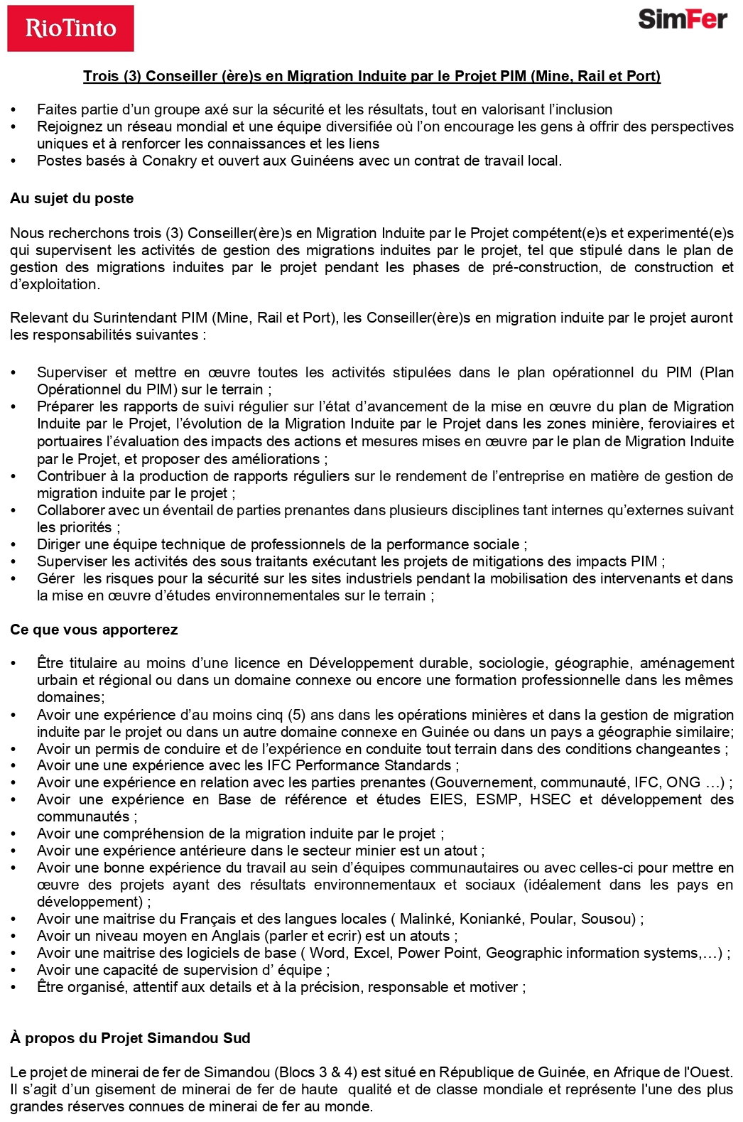 Trois (3) Conseiller (ère)s en Migration Induite par le Projet PIM (Mine, Rail et Port) | page 1