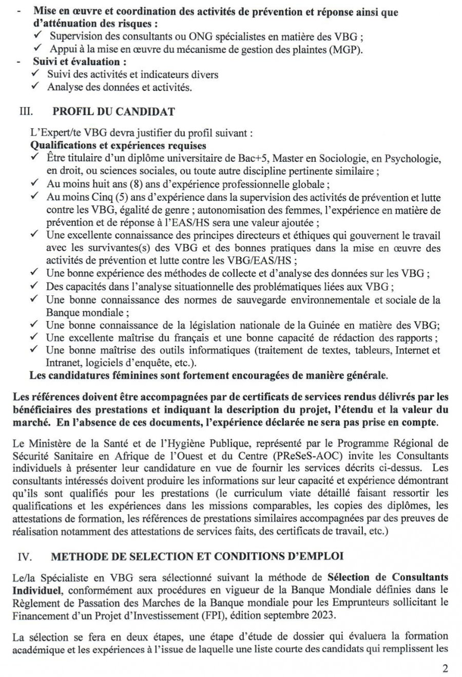APPEL A CANDIDATURE POUR LE RECRUTEMENT D’UN (E) SPÉCIALISTE CHARGÉ (E) DE LA LUTTE CONTRE LES VIOLENCES BASÉES SUR LE GENRE, EXPLOITATION, ABUS SEXUEL ET HARCÈLEMENT SEXUEL (VBG/EAS/HS) | Page 2