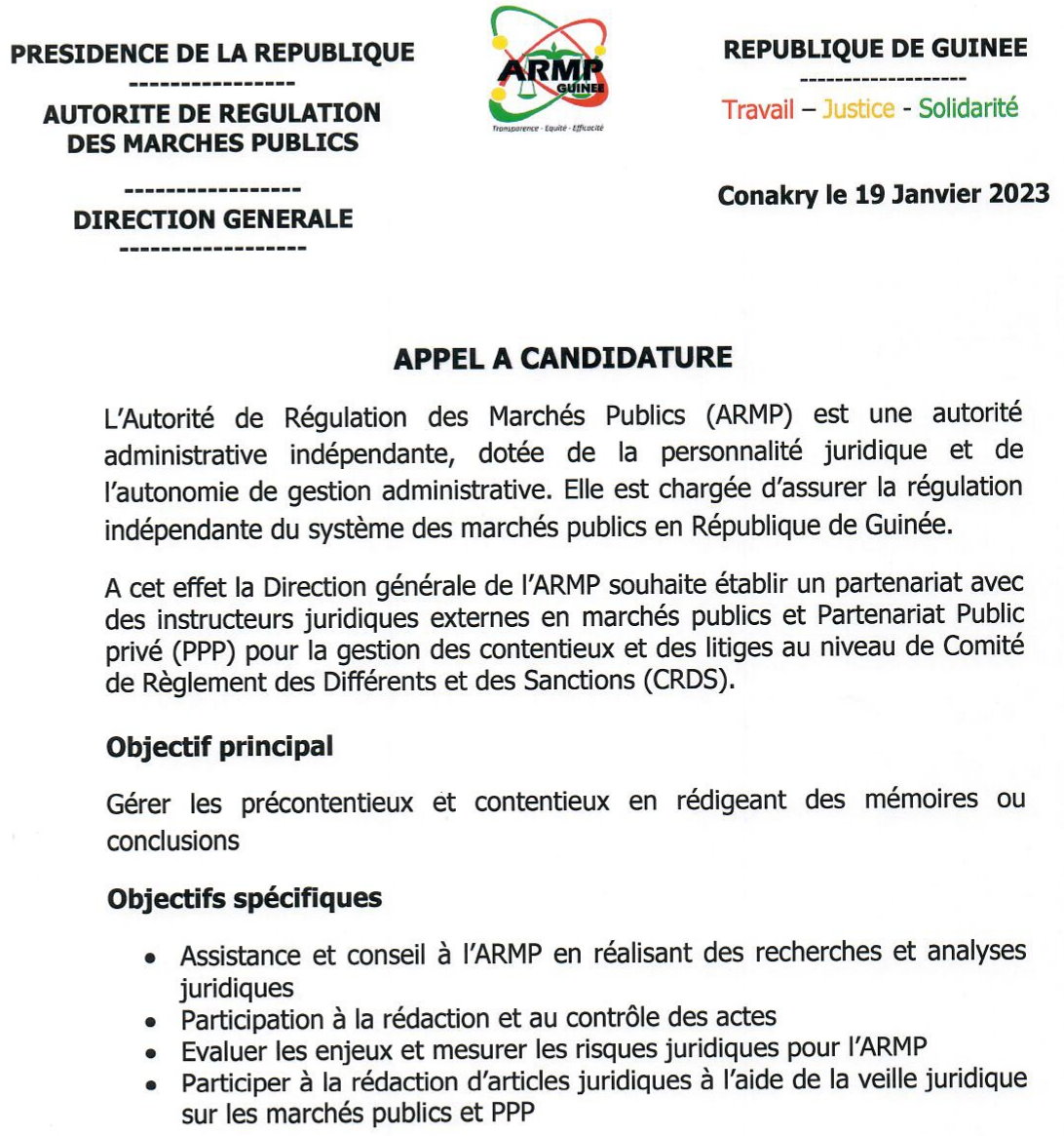 Avis d'appel d'offres pour marchés publics et Partenariat Public privé (PPP) pour la gestion des contentieux et des litiges au niveau de Comité de Règlement des Différents et des Sanctions (CRDS) | Page 1