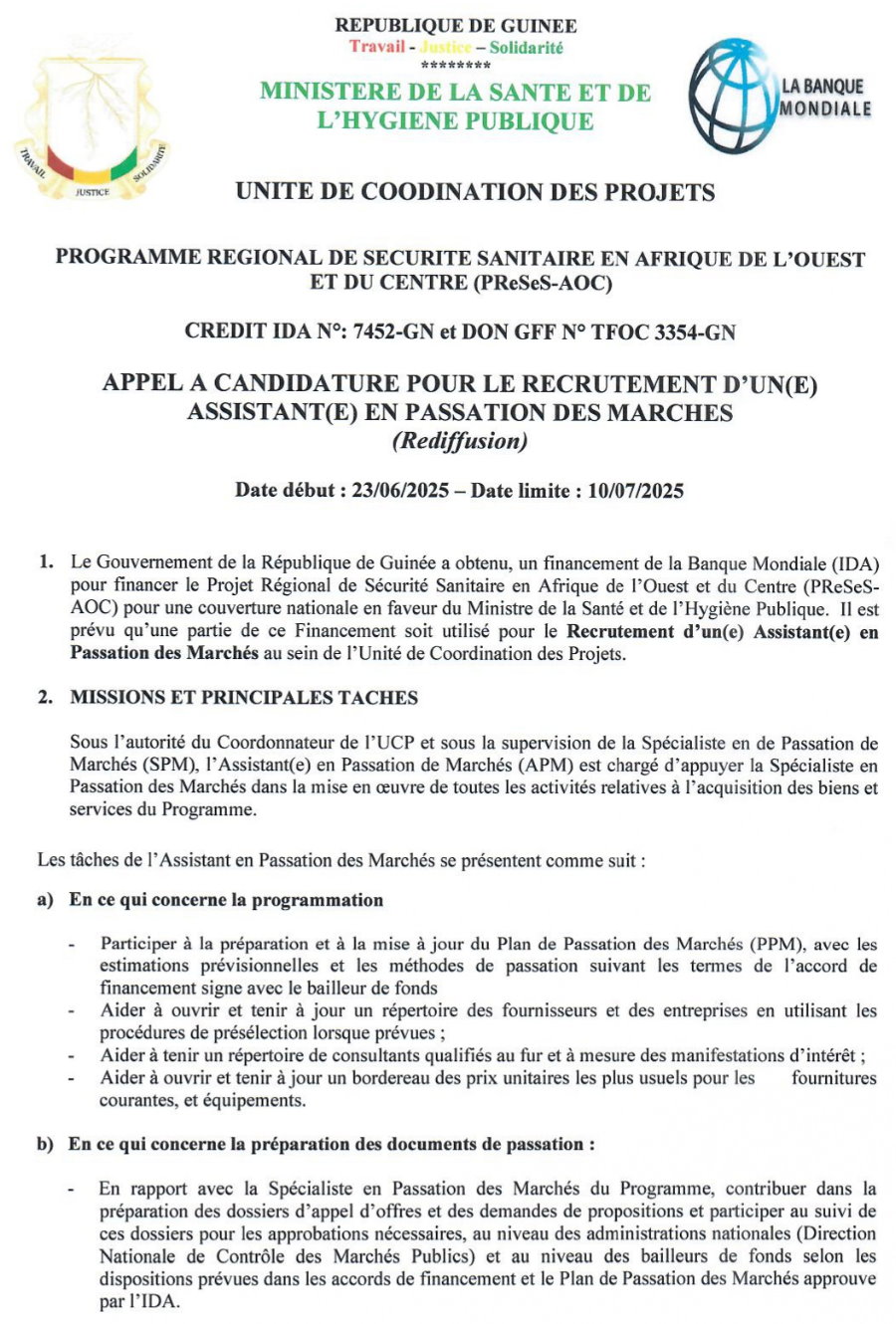 Appel a candidature pour le recrutement d’un(e) assistant(e) en passation des marches | Page 1