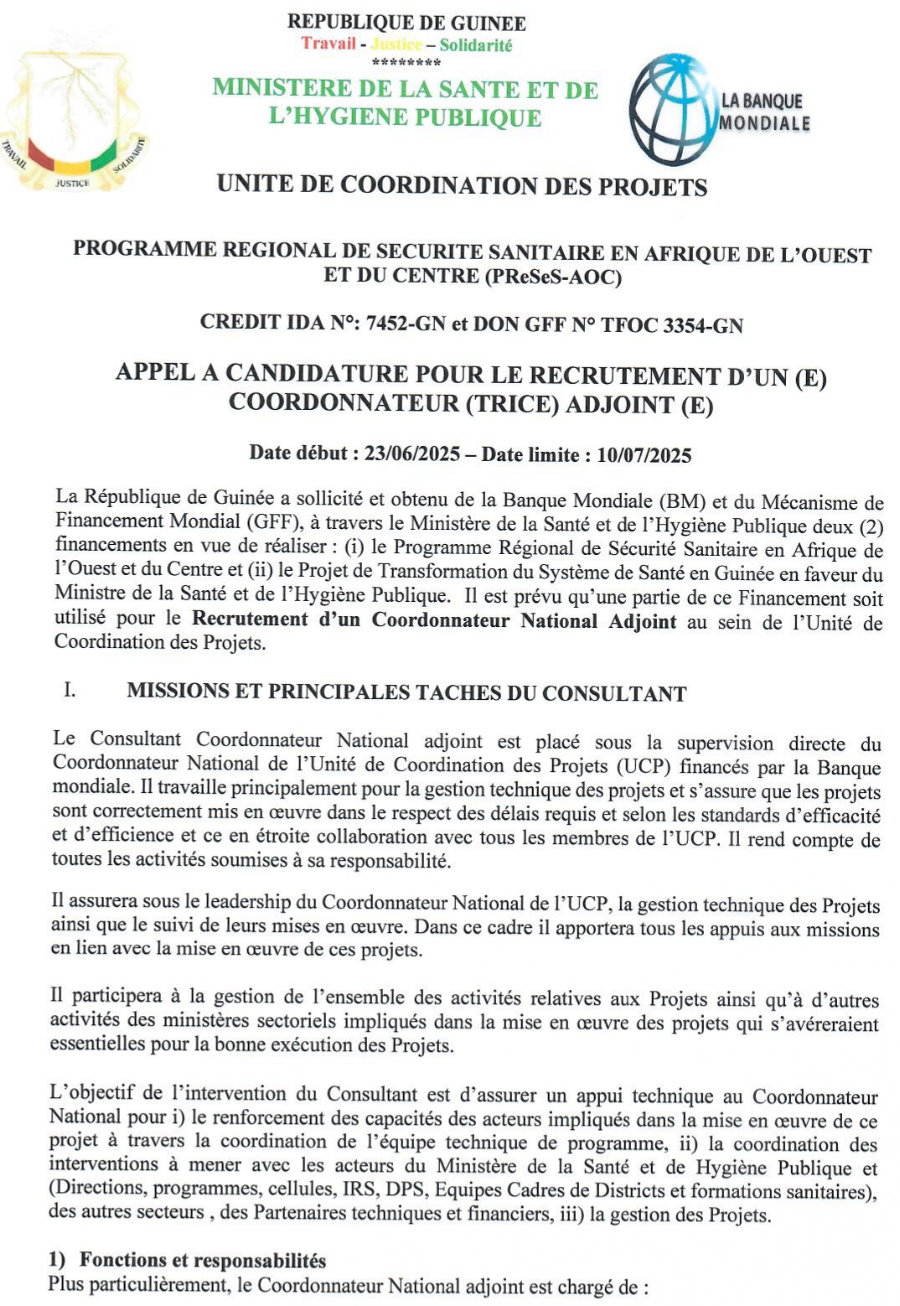 Appel a candidature pour le recrutement d’un (e) coordonnateur (trice) adjoint (e) | Page 1