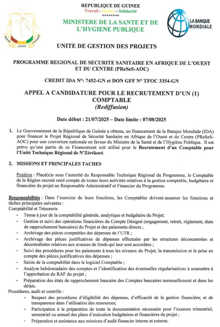 LE PReSeS-AOC RELANCE L'APPEL A CANDIDATURE POUR LE RECRUTEMENT D’UN (1) COMPTABLE | page 1