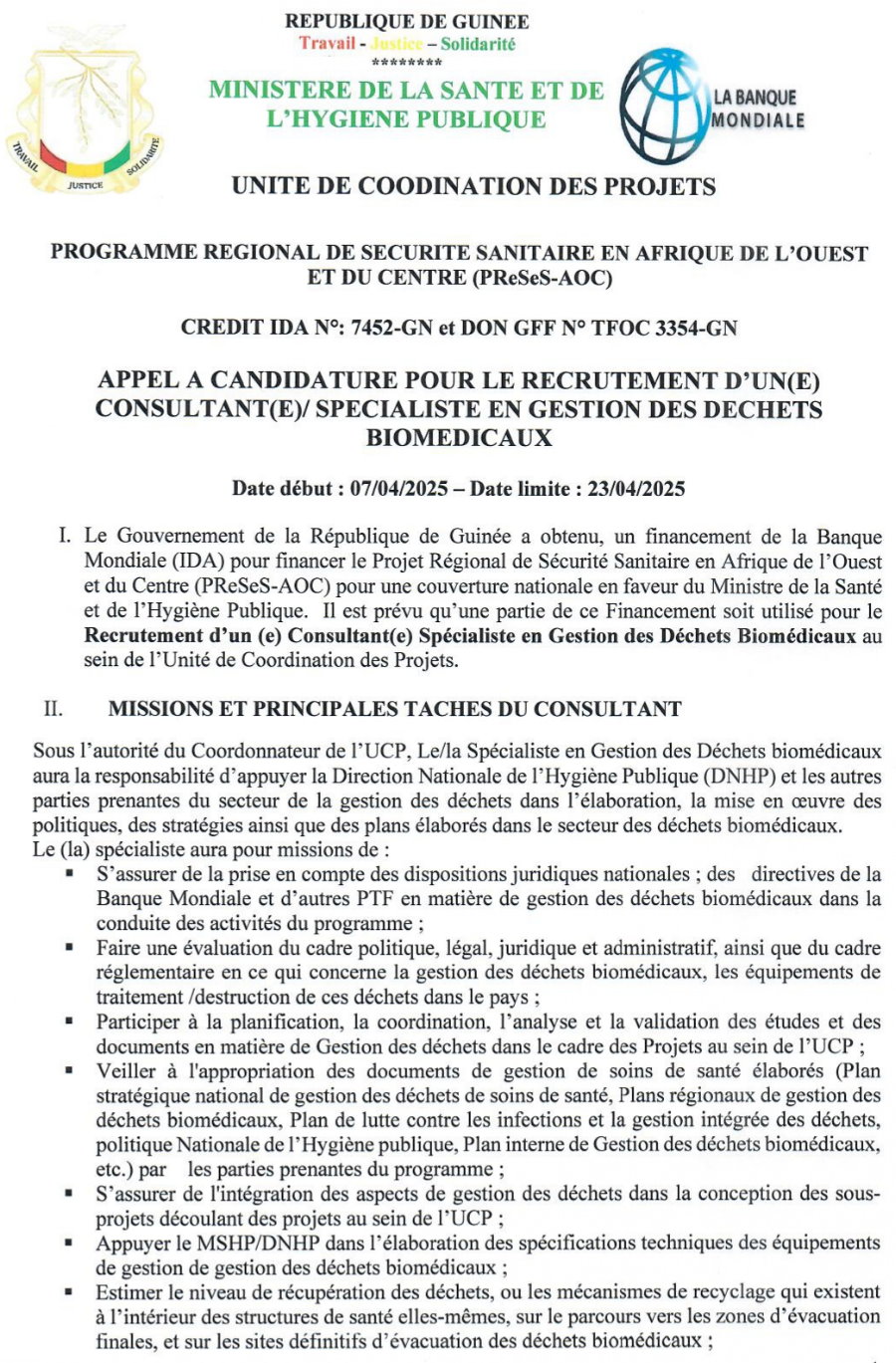 APPEL A CANDIDATURE POUR LE RECRUTEMENT D’UN(E) CONSULTANT(E)/ SPECIALISTE EN GESTION DES DECHETS BIOMEDICAUX | Page 1