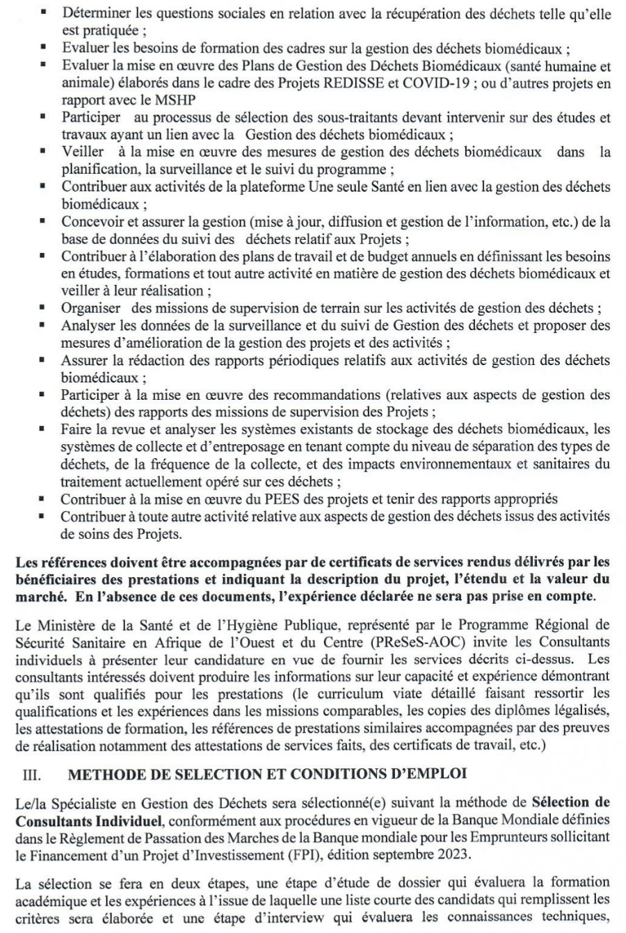 APPEL A CANDIDATURE POUR LE RECRUTEMENT D’UN(E) CONSULTANT(E)/ SPECIALISTE EN GESTION DES DECHETS BIOMEDICAUX | Page 2