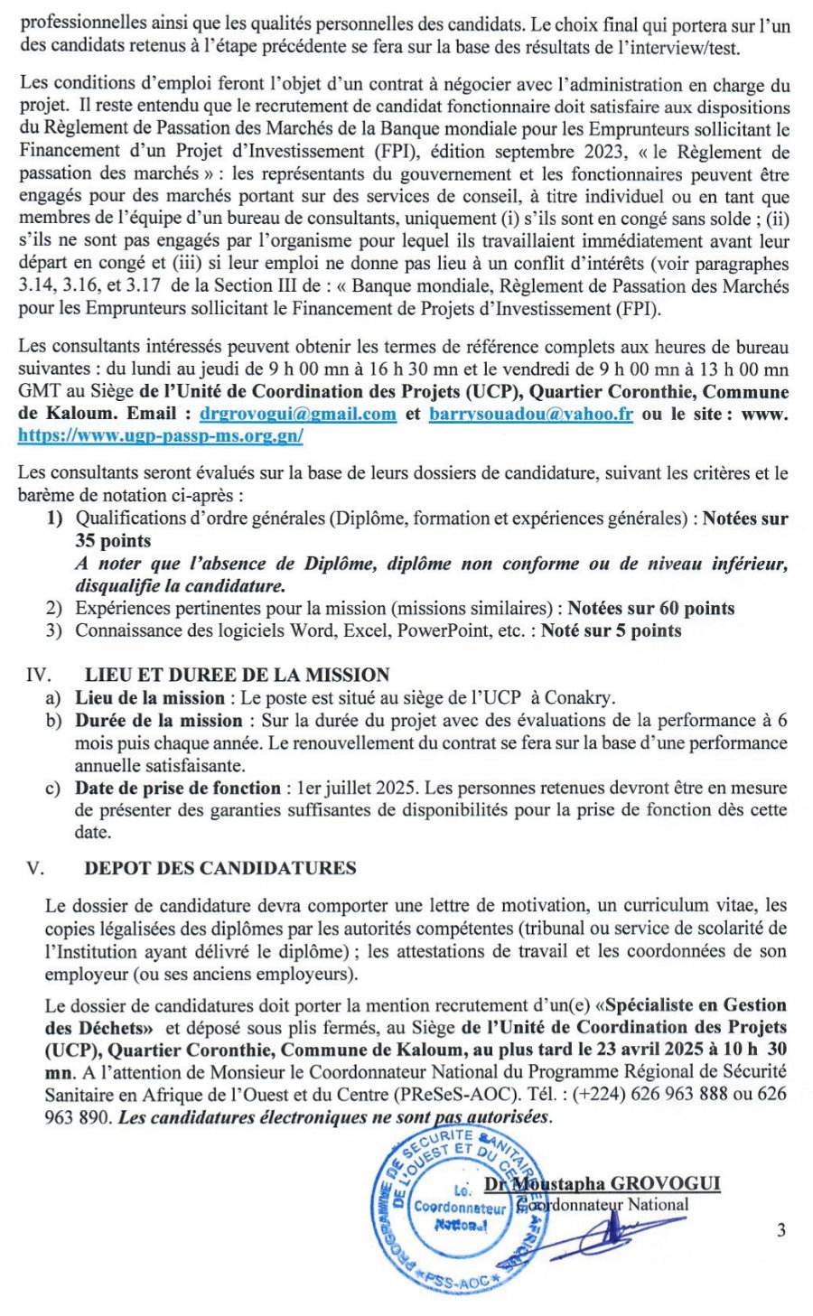 APPEL A CANDIDATURE POUR LE RECRUTEMENT D’UN(E) CONSULTANT(E)/ SPECIALISTE EN GESTION DES DECHETS BIOMEDICAUX | Page 3