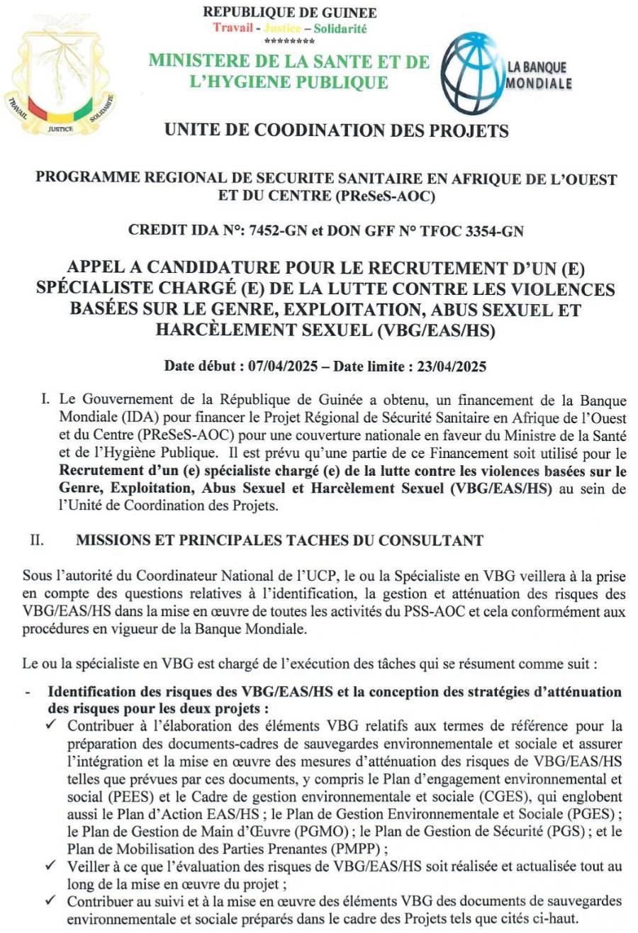 APPEL A CANDIDATURE POUR LE RECRUTEMENT D’UN (E) SPÉCIALISTE CHARGÉ (E) DE LA LUTTE CONTRE LES VIOLENCES BASÉES SUR LE GENRE, EXPLOITATION, ABUS SEXUEL ET HARCÈLEMENT SEXUEL (VBG/EAS/HS) | Page 1