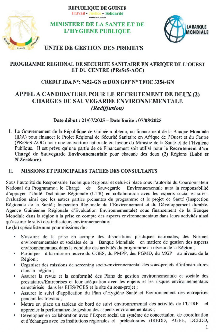 APPEL A CANDIDATURE POUR LE RECRUTEMENT DE DEUX (2) CHARGES DE SAUVEGARDE ENVIRONNEMENTALE (Rediffusion) | Page 1
