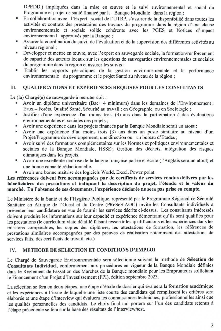 APPEL A CANDIDATURE POUR LE RECRUTEMENT DE DEUX (2) CHARGES DE SAUVEGARDE ENVIRONNEMENTALE (Rediffusion) | Page 2