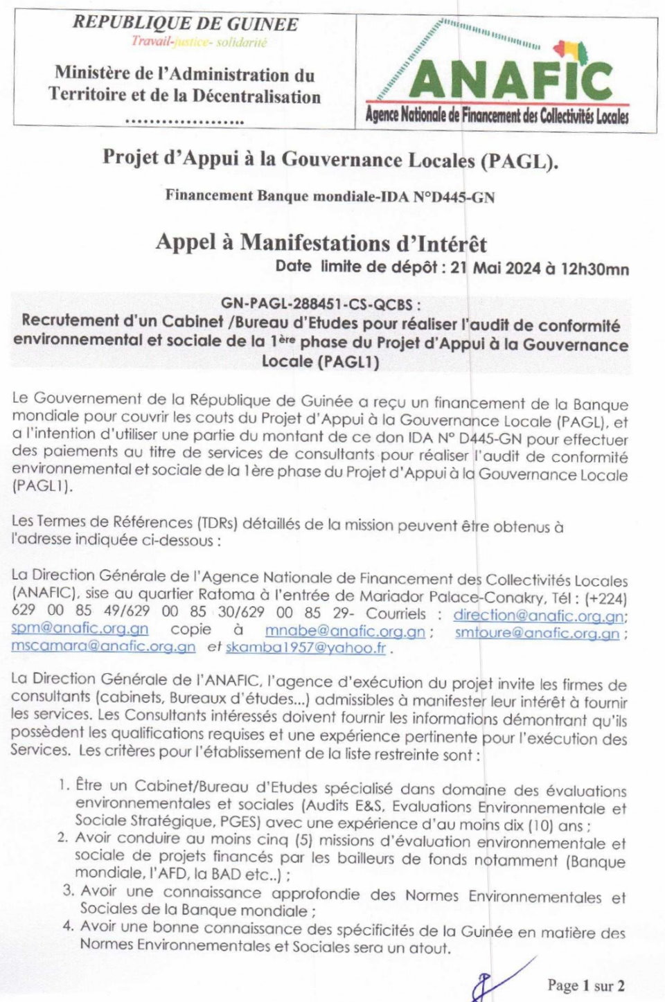 Appel à Manifestations d’Intérêt pour le Recrutement d’un Cabinet /Bureau d’Etudes pour réaliser l’audit de conformité environnemental et sociale de la 1 ère phase du Projet d’Appui à la Gouvernance Locale (PAGL1) | Page 1