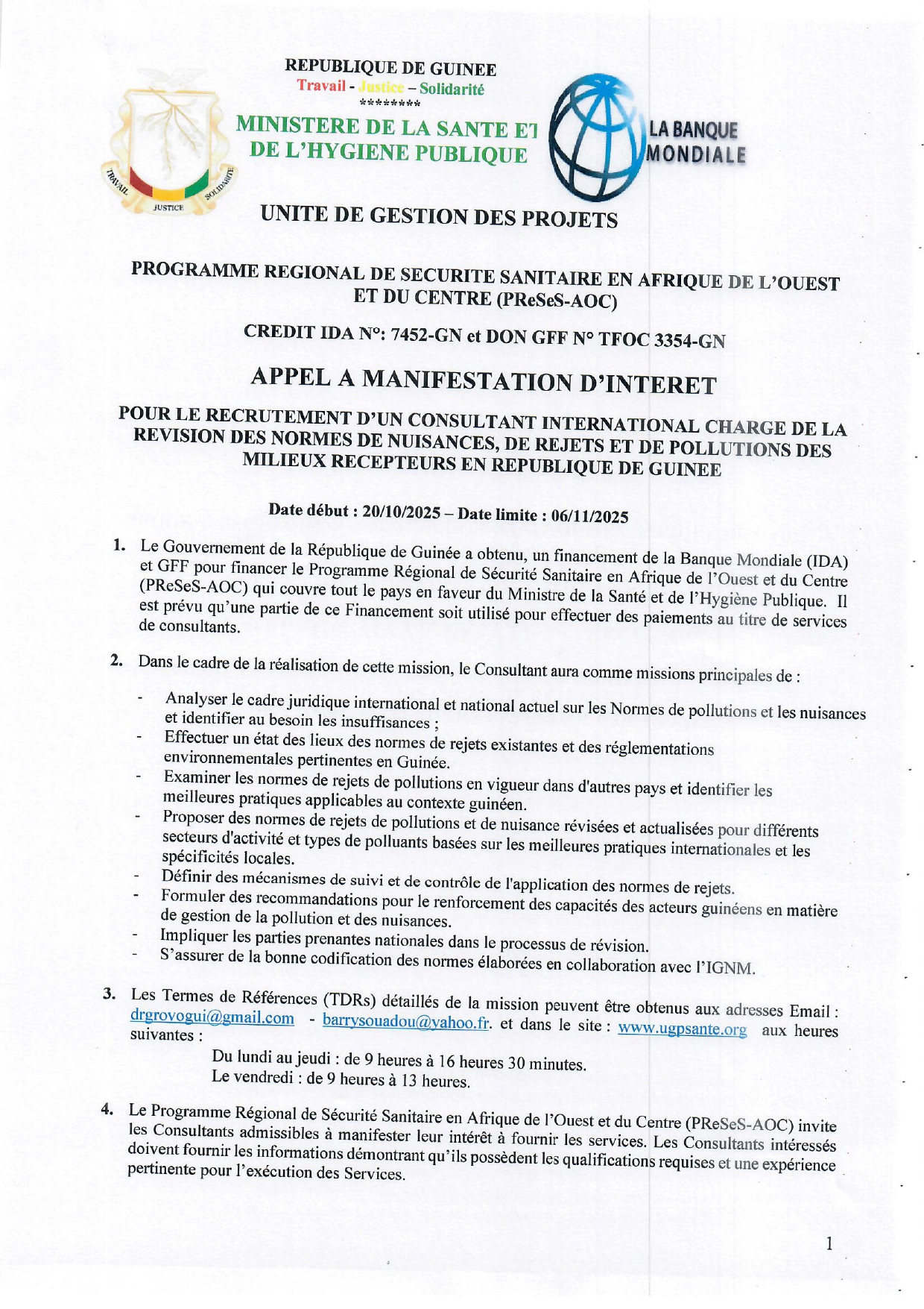 APPEL A MANIFESTATION D’INTERET POUR LE RECRUTEMENT D’UN CONSULTANT INTERNATIONAL CHARGE DE LA REVISION DES NORMES DE NUISANCES, DE REJETS ET DE POLLUTIONS DES MILIEUX RECEPTEURS EN REPUBLIQUE DE GUINEE | Page 1