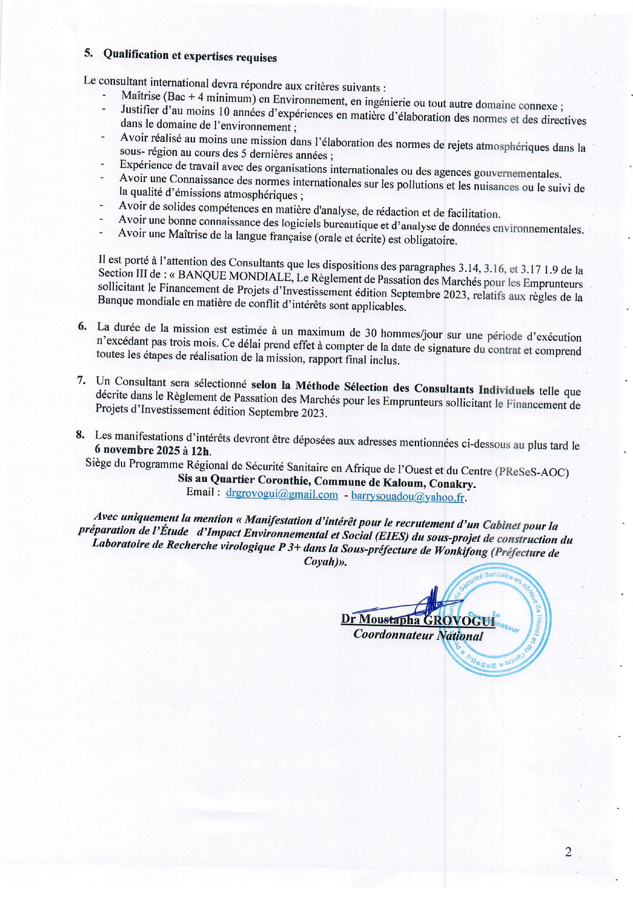 APPEL A MANIFESTATION D’INTERET POUR LE RECRUTEMENT D’UN CONSULTANT INTERNATIONAL CHARGE DE LA REVISION DES NORMES DE NUISANCES, DE REJETS ET DE POLLUTIONS DES MILIEUX RECEPTEURS EN REPUBLIQUE DE GUINEE | Page 1