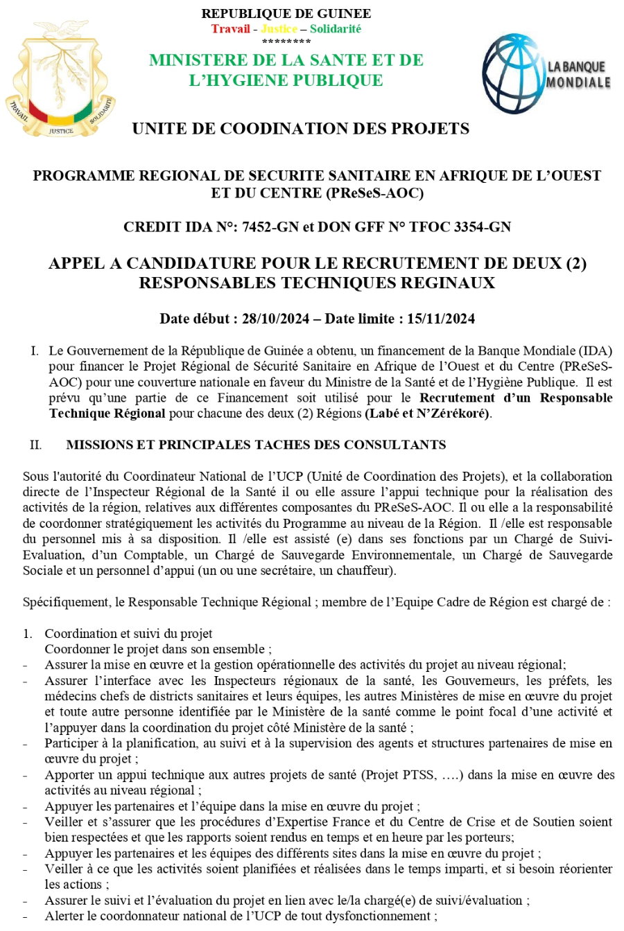 APPEL A CANDIDATURE POUR LE RECRUTEMENT DE DEUX (2) CHARGES DE SAUVEGARDE ENVIRONNEMENTALE | Page 1