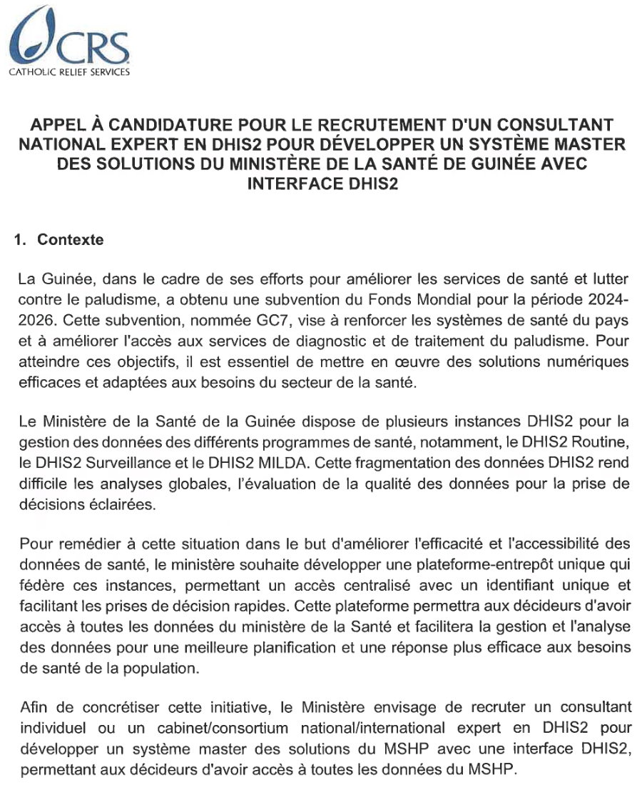 Avis de Recrutement d'un Consultant National Expert en DHIS2 pour développer un Système Master des Solutions du Ministère de la Santé de Guinée avec Interface DHIS2 | Page 1