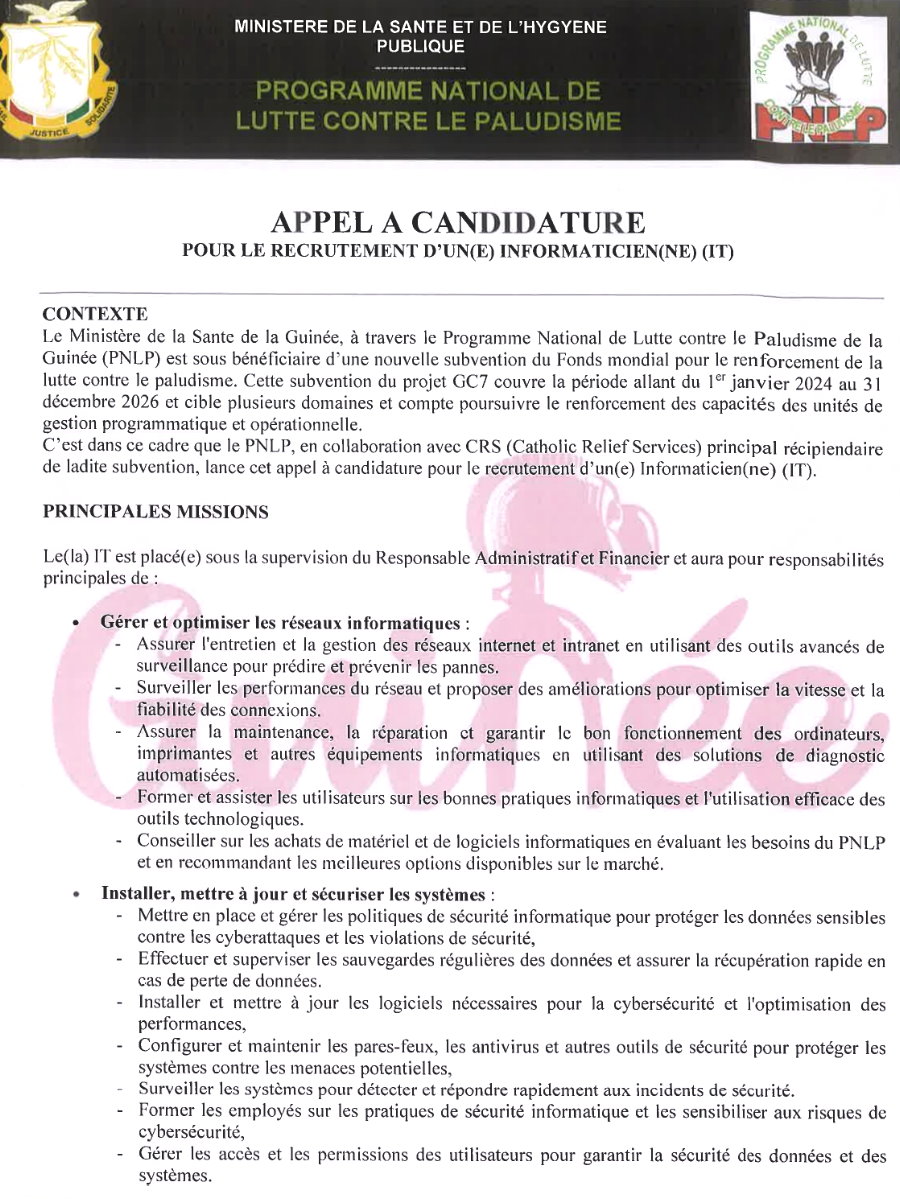Appel A Candidature Pour Le Recrutement D'un(e) Informaticien (ne) (IT) | Page 1