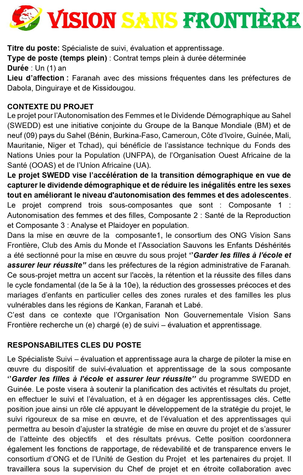 Avis de recrutement d'un spécialiste de suivi, évaluation et apprentissage | page 1