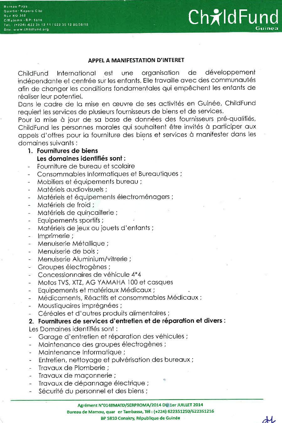 Appel d'Offre en guinée - childfund fourniture de biens et de services