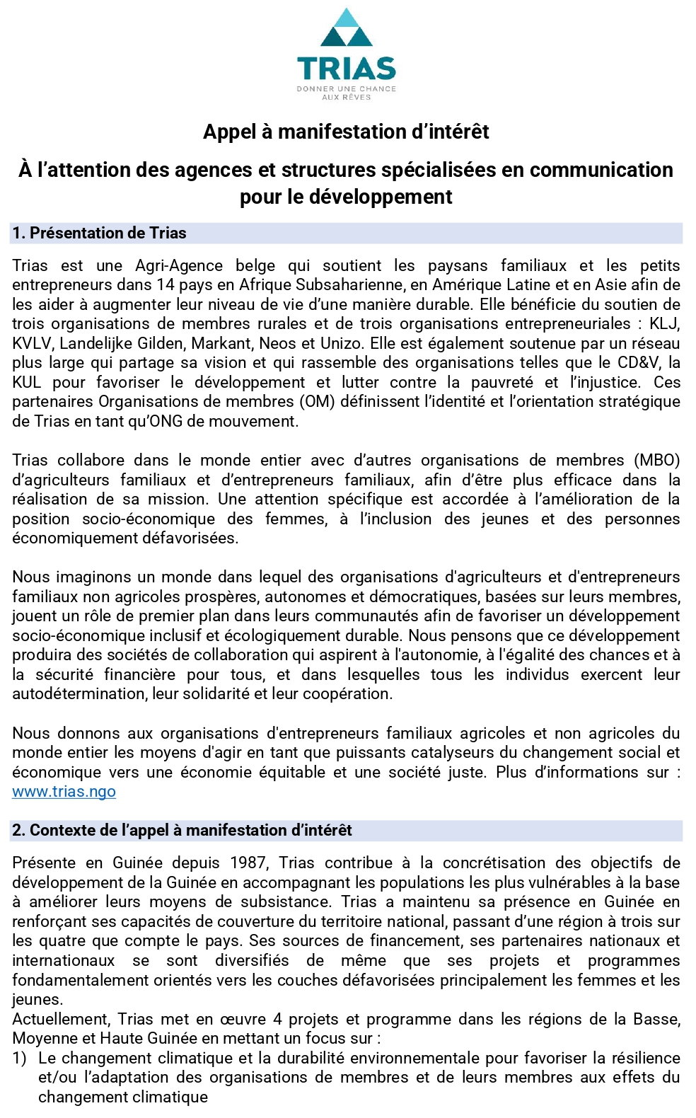 Appel à manifestation d’intérêt pour la sélection d’une agence ou structure de communication qualifiée et capable d’accompagner Trias pour relever les défis en matière de communication externe | Page 1