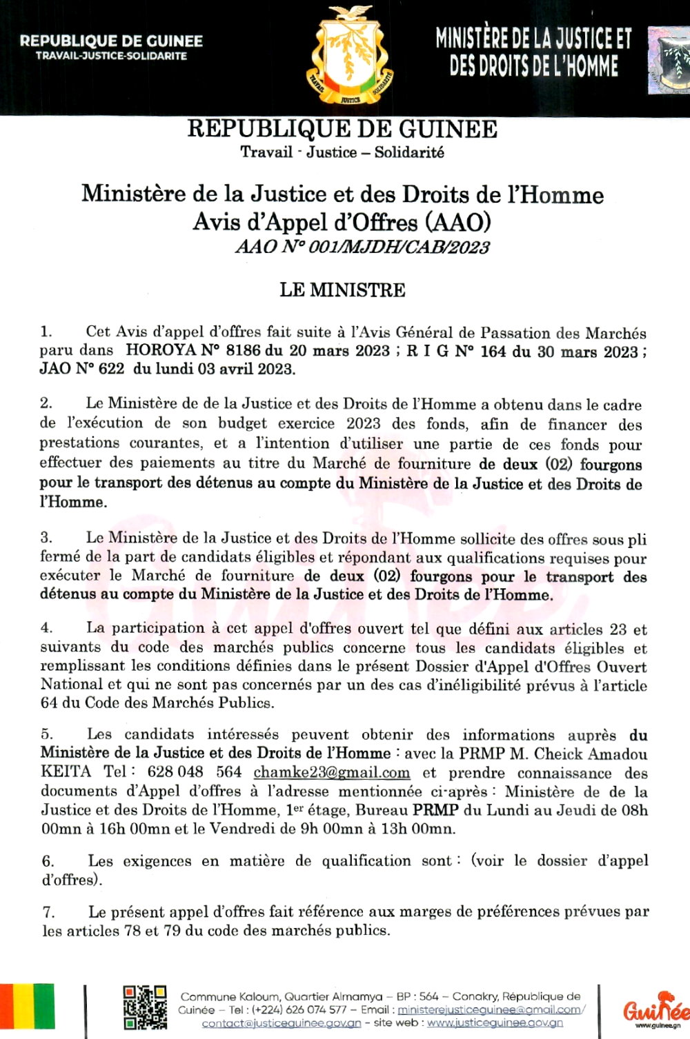Avis d'Appel d'Offres pour le Marché de fourniture de deux (02) fourgons pour le transport des détenus au compte du Ministère de la Justice et des Droits de l'Homme  | page 1