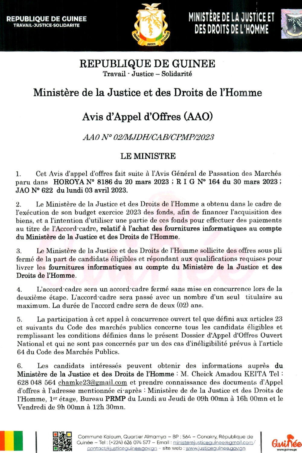 Avis d'Appel d'Offres pour l'achat des fournitures informatiques au compte du Ministère de la Justice et des Droits de l'Homme  | page 1