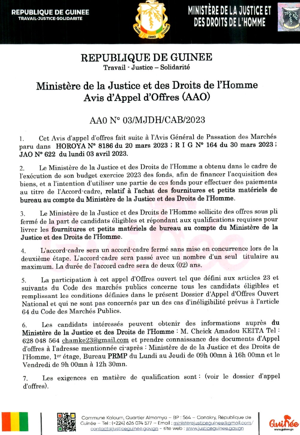 Avis d'Appel d'Offres relatif à l'achat des fournitures et petits matériels de bureau au compte du Ministère de la Justice et des Droits de l'Homme | page 1