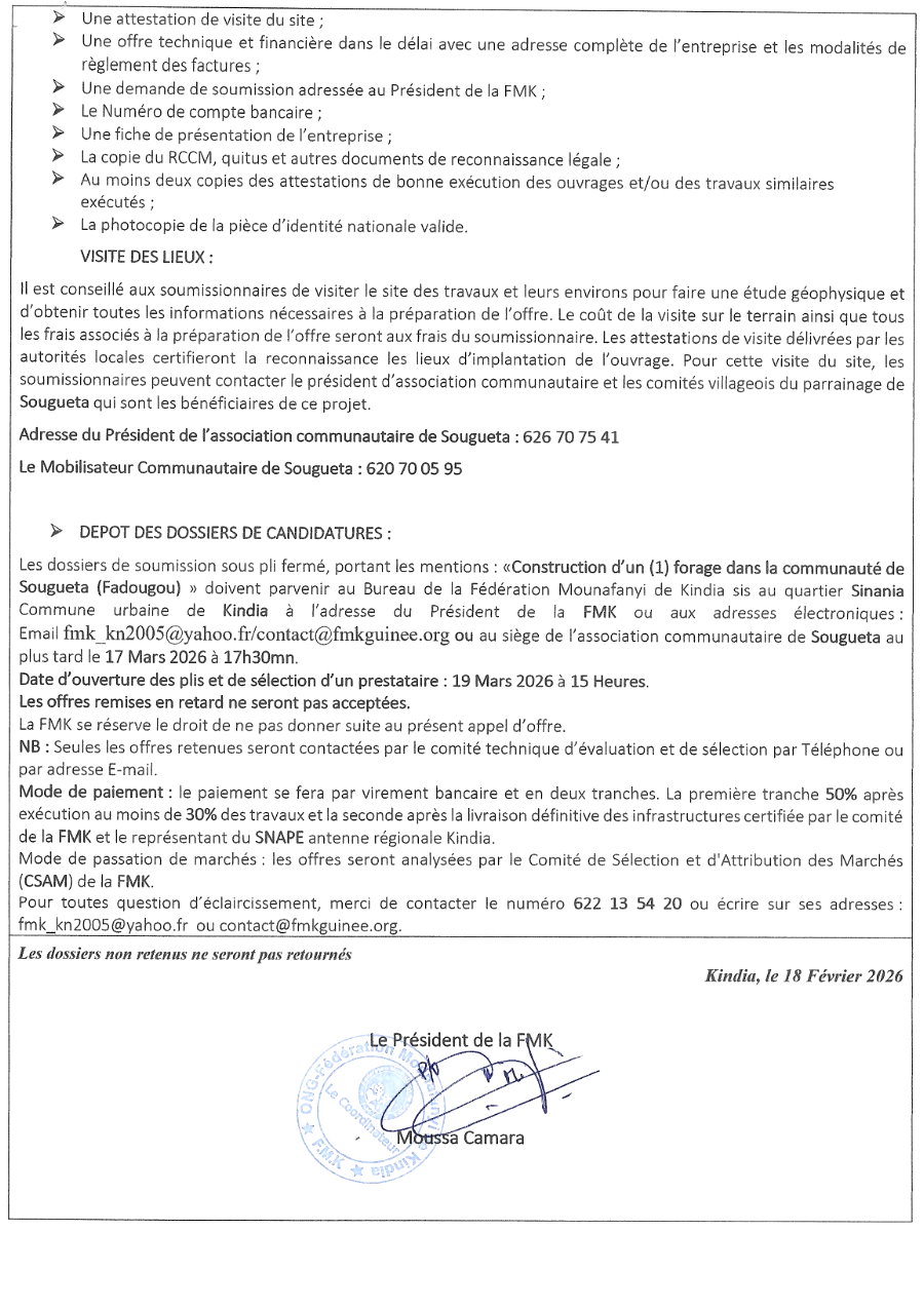 AVIS D’APPEL D’OFFRE POUR LA CONSTRUCTION D’UN (1) FORAGE POSITIF DANS LA COMMUNAUTE DE SOUGUETA (VILLAGE FADOUGOU) | Page 2