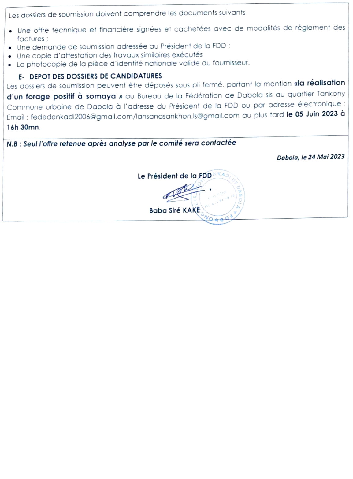 Avis D'appel D'offre Pour La Réalisation D'un Forage Positif A Somaya | page 2