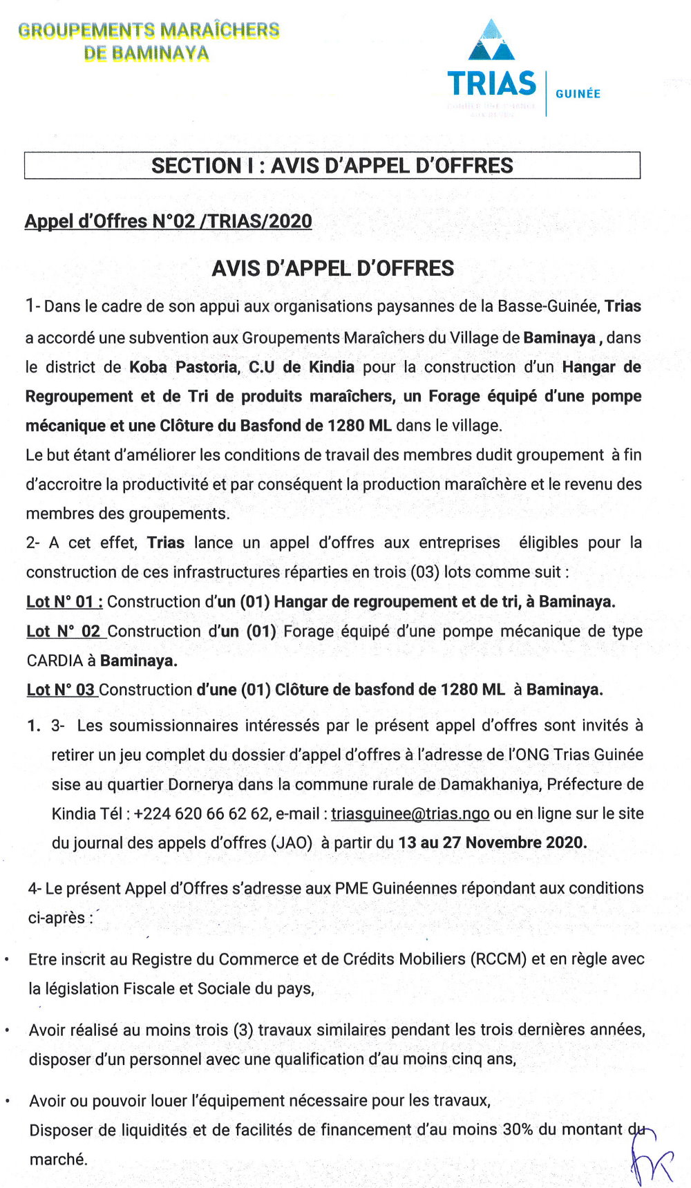 Appel d'offre pour La Construction d'Un Hangar de Regroupement et de Tri de Produits Maraichers